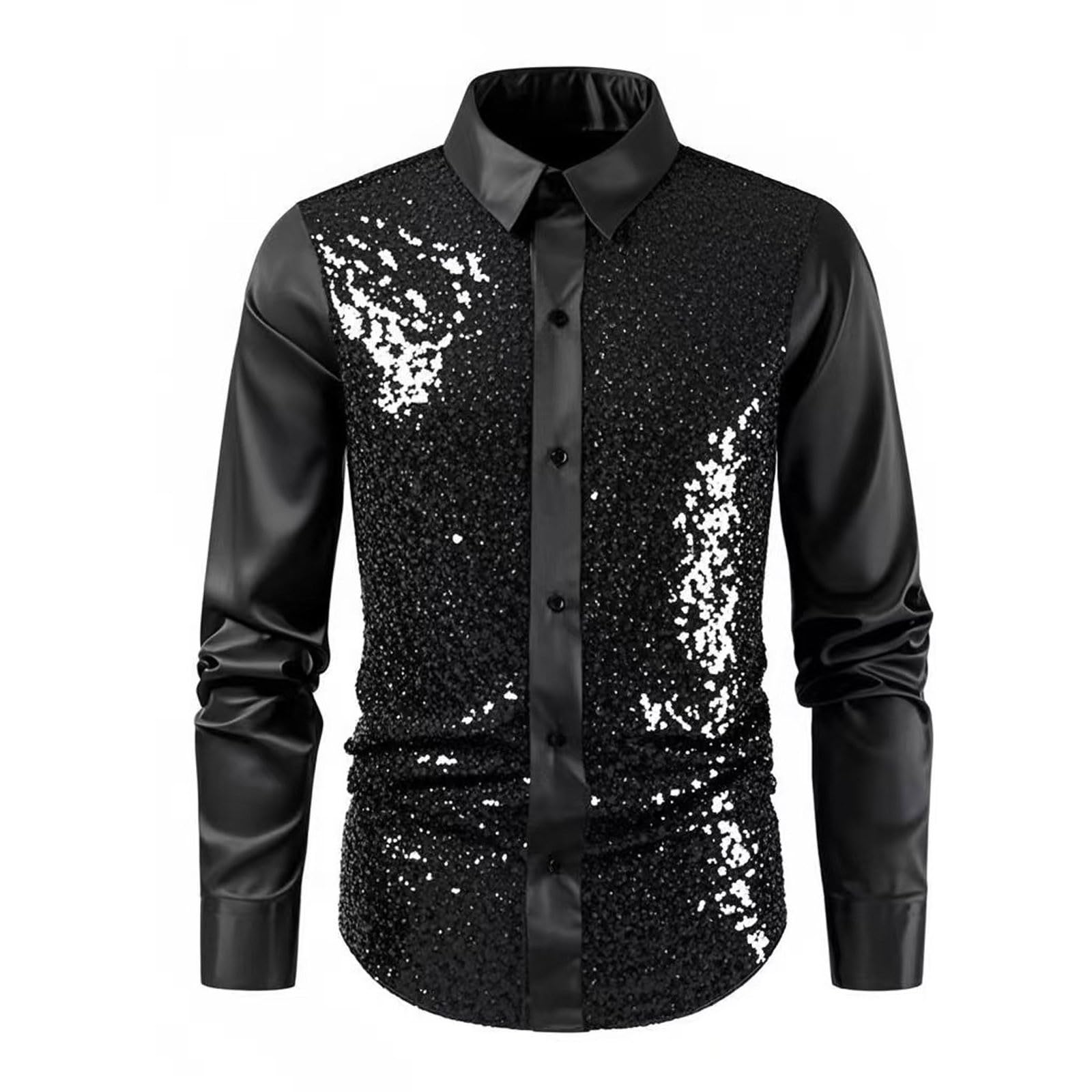 Camisas Hombre Manga Corta Camisa de Manga Larga con Detalles metálicos y Lentejuelas para espectáculos en Escenario y Eventos Festivos