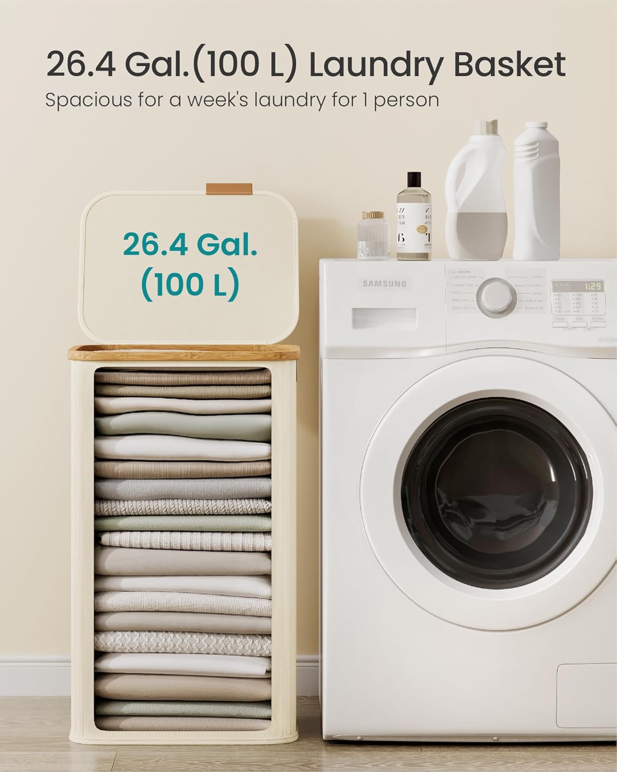 SONGMICS Laundry Hamper, Laundry Basket with Lid, Foldable Storage Basket, Bamboo Frame, for Bedroom, Living Room, Oxford Fabric, 26.4 Gal. (100 L), Cream White ULCB518WD01