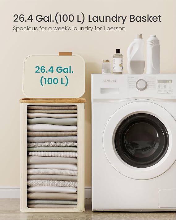SONGMICS Laundry Hamper with Lid, 100L Laundry Basket, Bamboo Frame