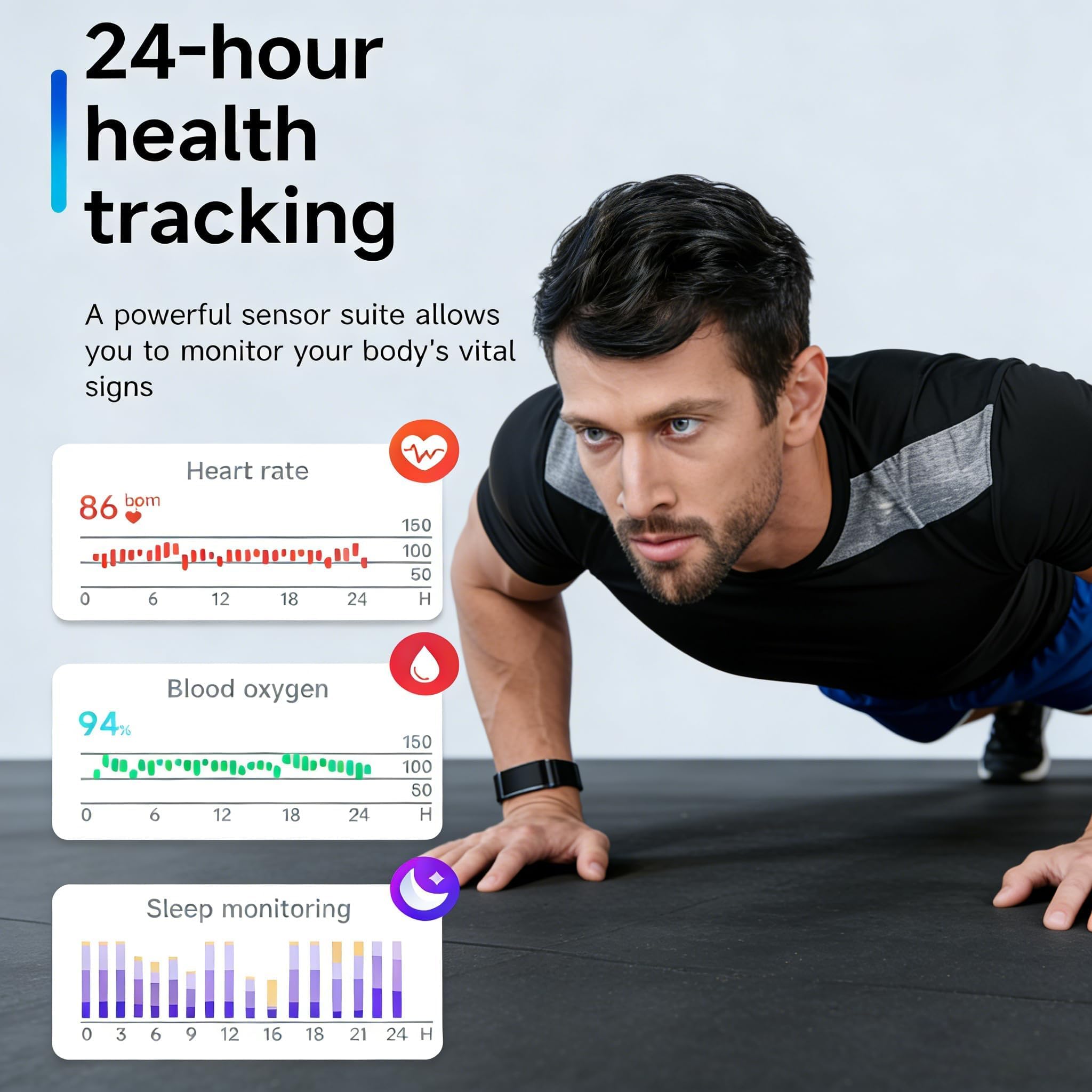 Braccialetto intelligente per la salute, fitness tracker, cardiofrequenzimetro, monitoraggio del sonno, contapassi, modalità multi sport, impermeabile, cinturino in silicone e nylon