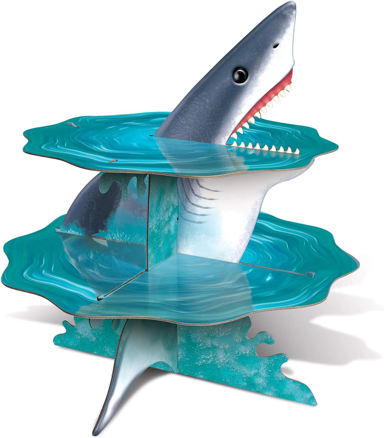 Beistle Shark Cupcake Stand Centerpiece Luau Under The Sea Party Supplies Birthday Decorations, 14" x 14", Blue/Gray/White/Red/Black
