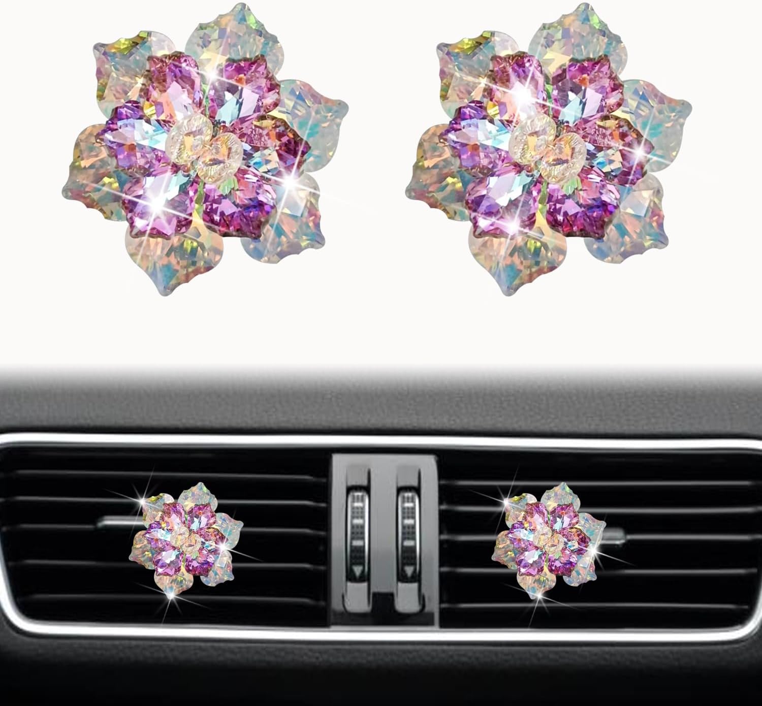 Jowxsx Bling Flower Air Vent Clips, 2 Pcs Crystal Daisy Car Air Fresheners Vents Clips Car Diffuser Diamond Car Interior Decor Cute Car Accessories Car Decoration for Women Pink Purple
