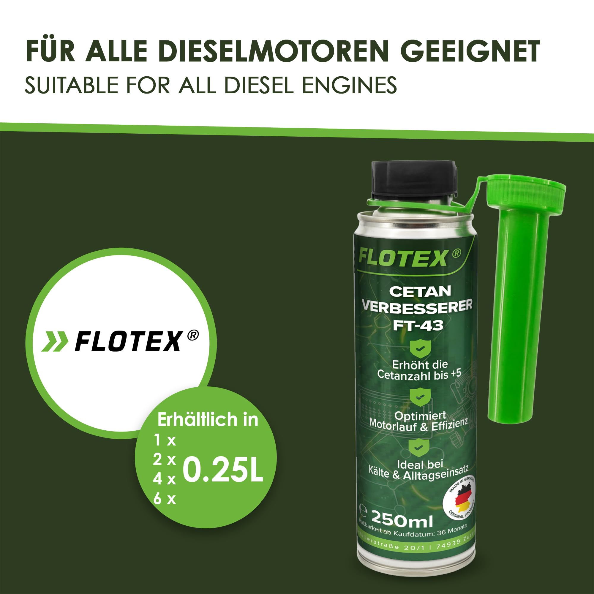 Cetan Verbesserer FT-43 6 x 250 ml | Diesel Cetan Booster & Dieseladditiv zur Erhöhung der Cetanzahl um bis zu 5 Punkte | Für ruhigeren Motorlauf, bessere Zündwilligkeit & Kaltstart
