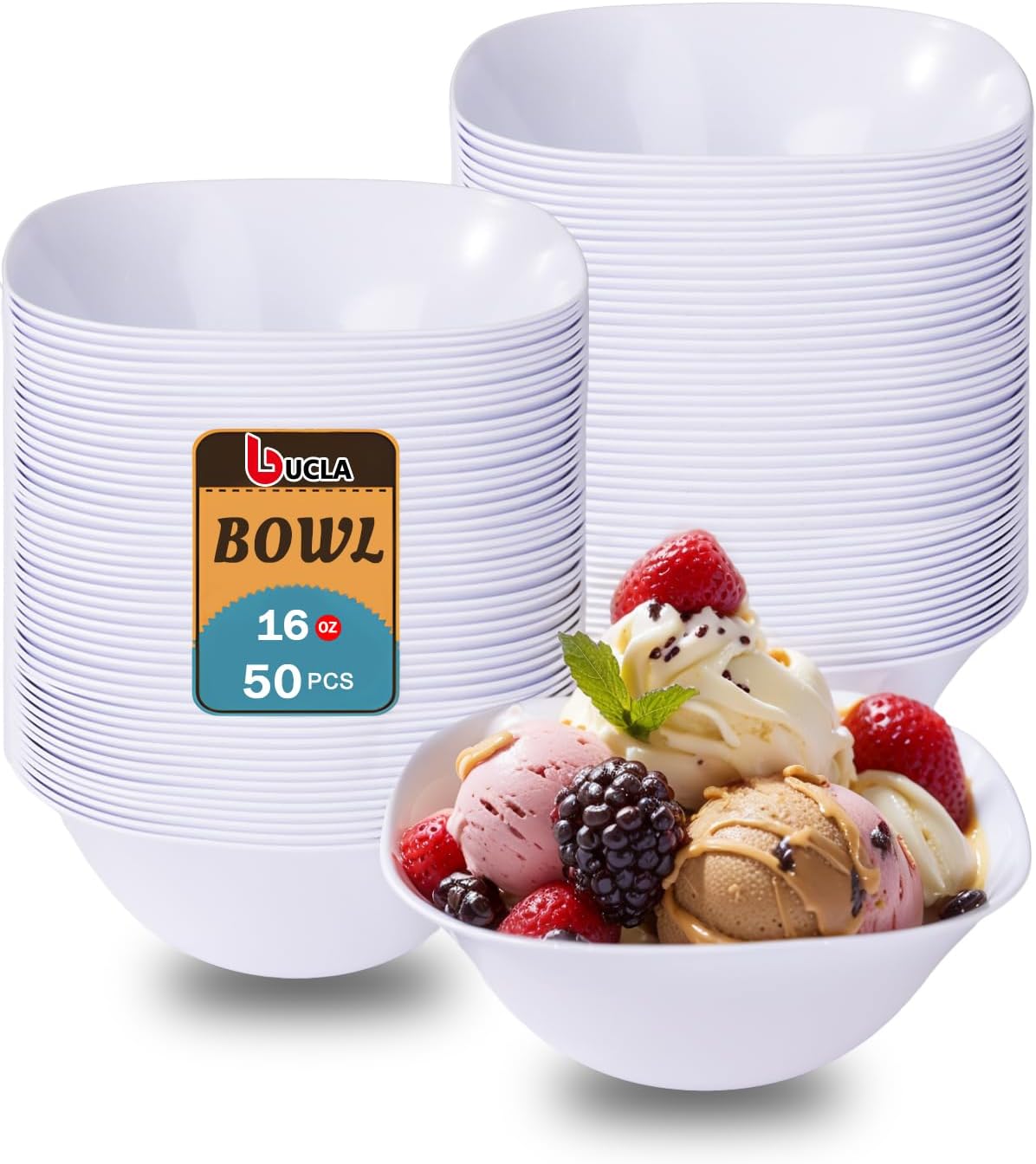 bUCLA 50Pack White Plastic Serving Bowls - 16oz Disposable Serving Bowls for Party Dessert/Ice Cream/Salsa/Snack
