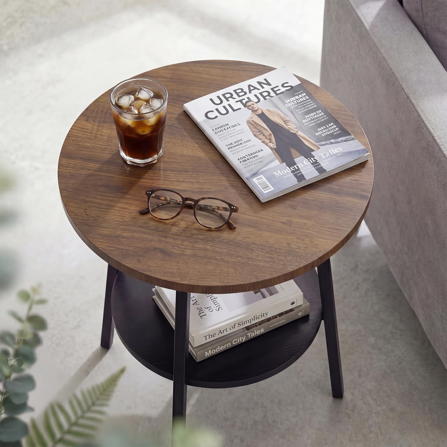 Beistelltisch Rund, Couchtisch Klein mit 2 Etagen, Runder Holz Beistelltisch im Vintage Stil, Nussbaumoptik für Wohnzimmer & Schlafzimmer