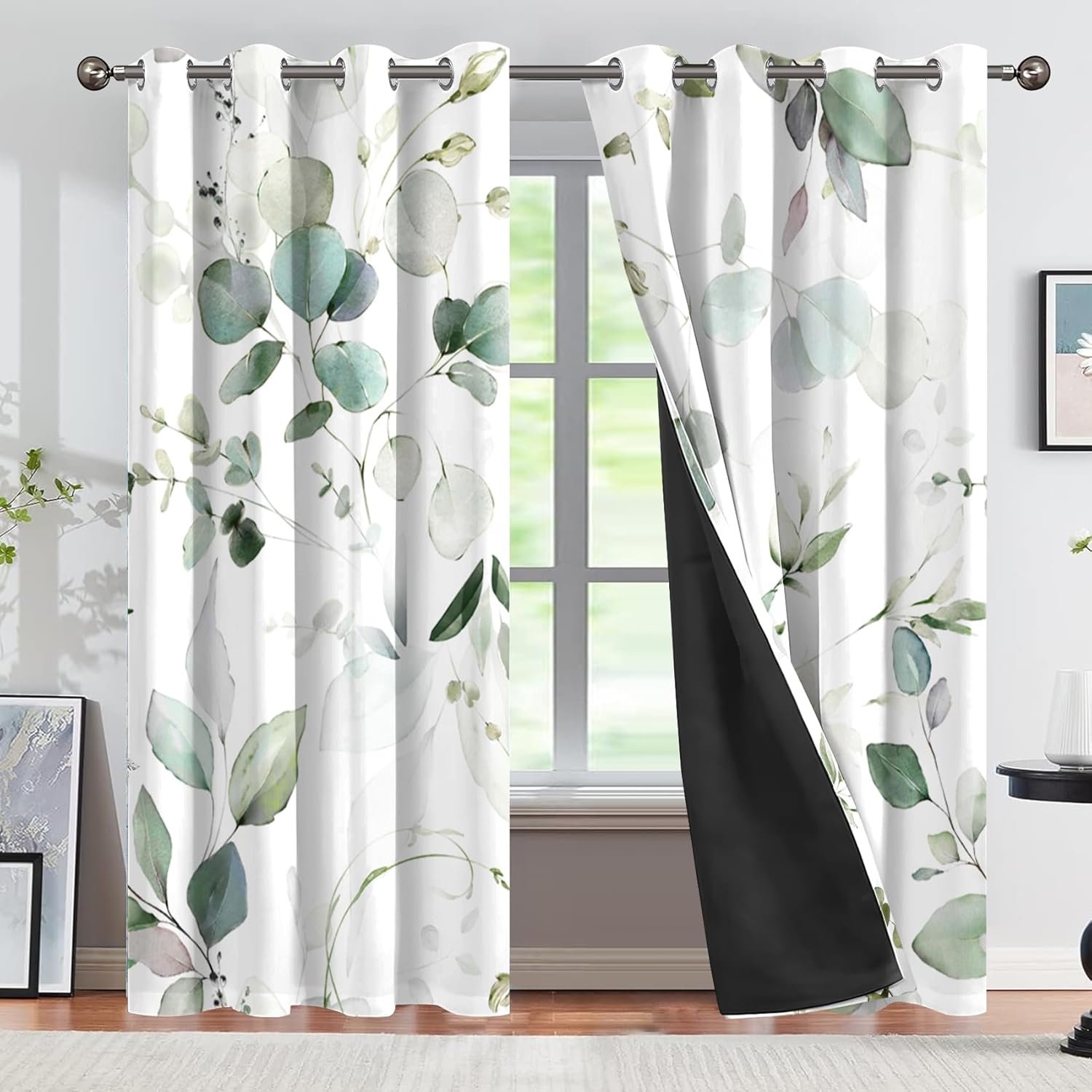 CSFOTO Plant Leaves Blackout Curtains 2 Panels Spring Watercolor Eucalyptus Leaves Abstract Pattern Bedroom Living Room Decoration Curtains Thermal Insulated Light Blocking, 42x84 Inches
