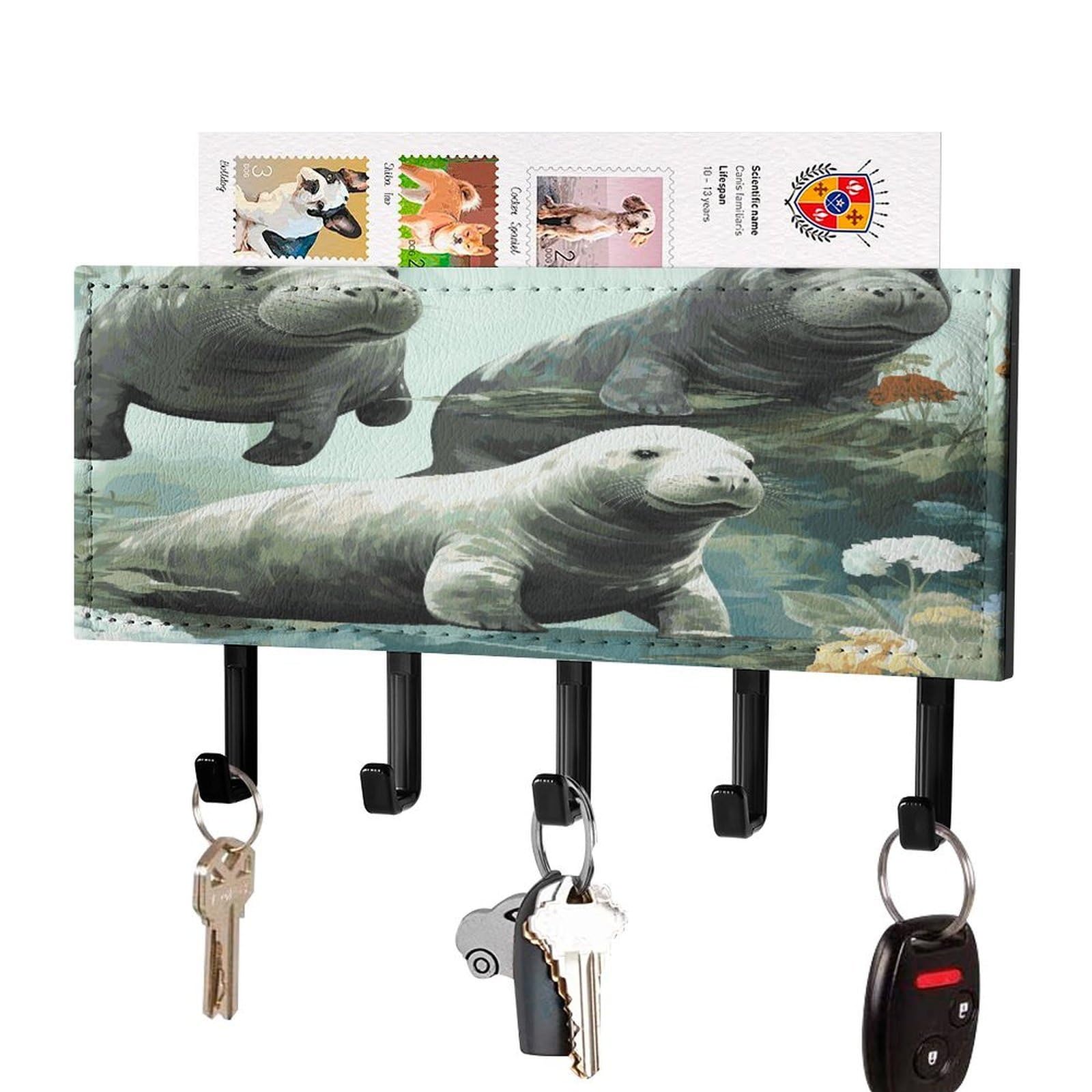 FekiLoot Rabbits Manatees Key Holder for Wall Decorative Mail Organizer with 5 Key Hook Self Adhesive Key Rack with Tray Coat Rack Wall Mount Key Hanger Decor for Entryway Door