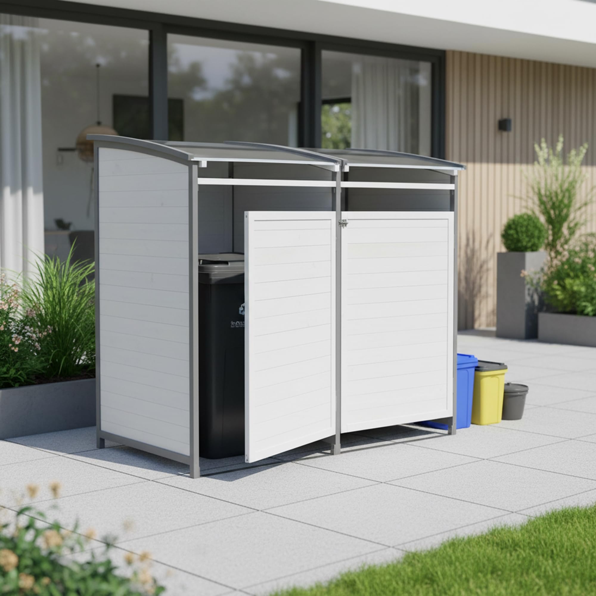 Mucola Mülltonnenbox 240 L aus Holz in Anthrazit/Weiß – stabile Mülltonnenverkleidung mit Rückwand für 1 Tonne – wetterfeste Tonnenbox 140 × 85 × 127 cm für Garten & Einfahrt