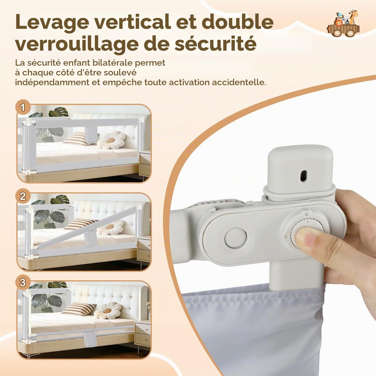 Ikodm Barrière de lit pour enfant - 2 x 200 cm et 1 x 180 cm - Réglable en hauteur de 64 à 96 cm - Protection anti-chute - Barrière de lit pour bébé - Gris