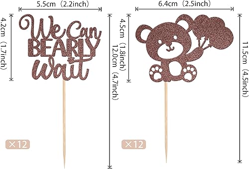 Miniatura 2 de 24 piezas de decoración para cupcakes con la frase "We Can Bearly Wait" con purpurina para globos de oso para cupcakes, decoración de pasteles para