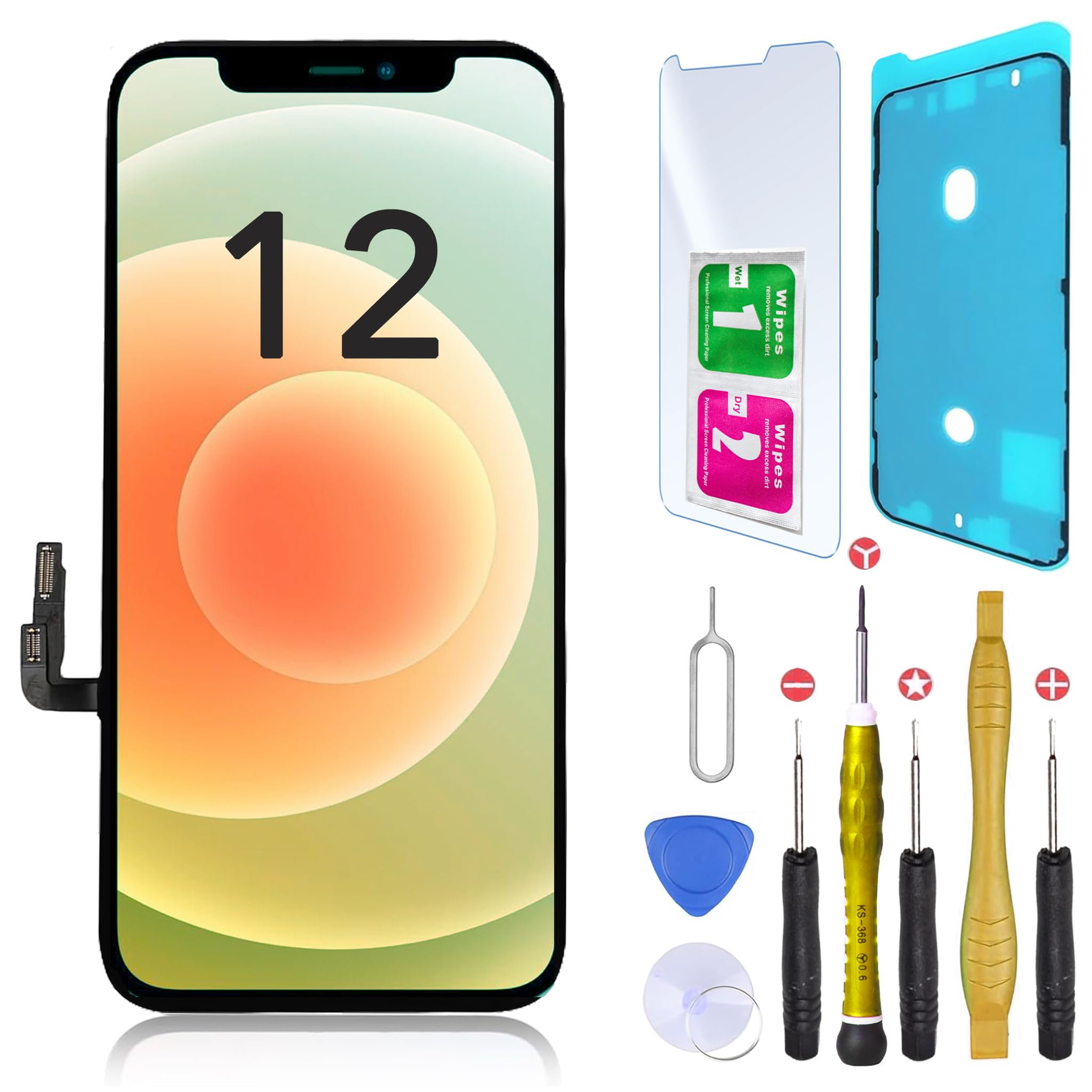 Ecran Remplacement pour iPhone 12 avec Joint d'ecran + Verre Trempe et Outils