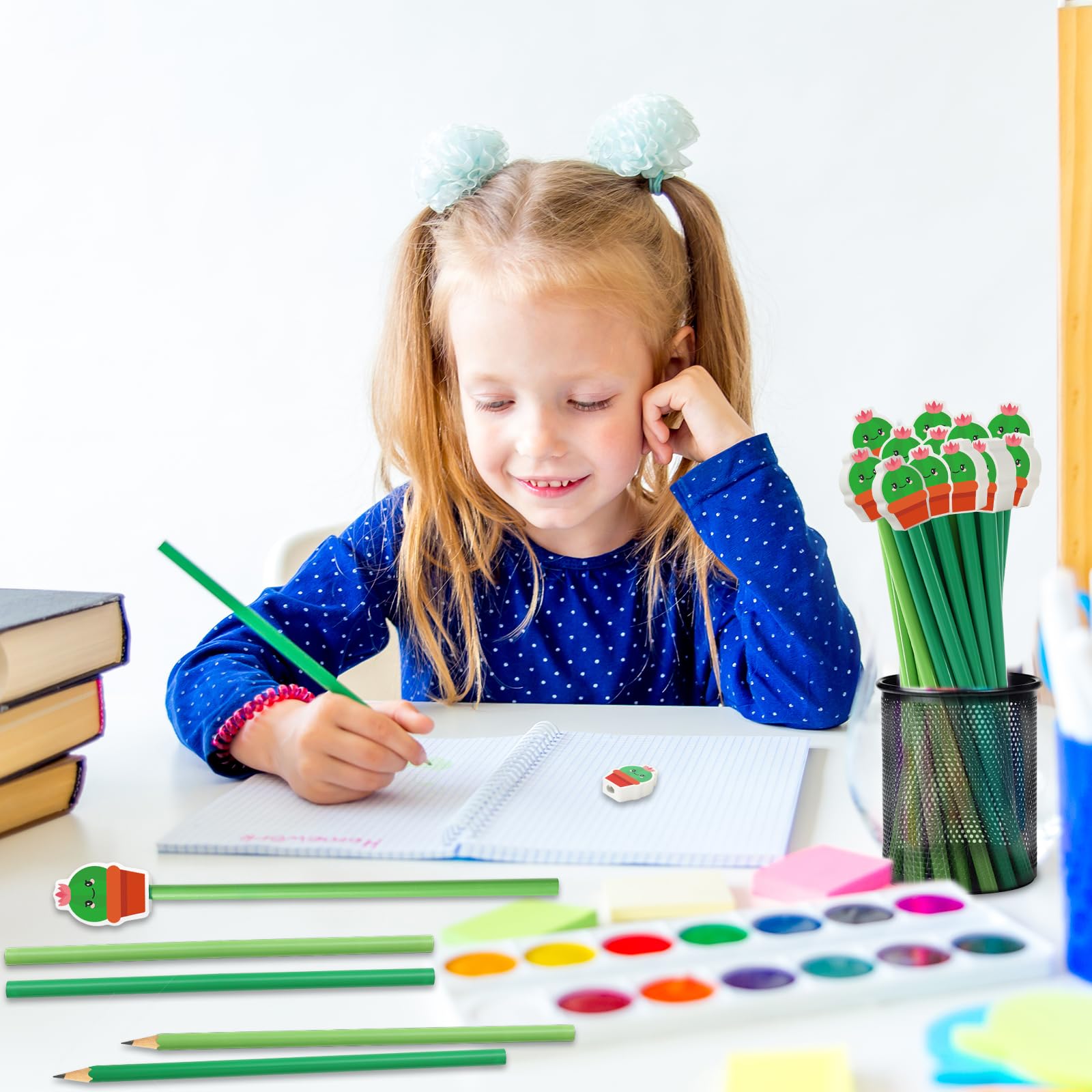 FYSUIMU 50 juegos de lápices de cactus con gomas de borrar y tarjetas, bonitos lápices de escritura de cactus en maceta, regalos de regreso a clases, oficina, papelería, recuerdos de fiesta