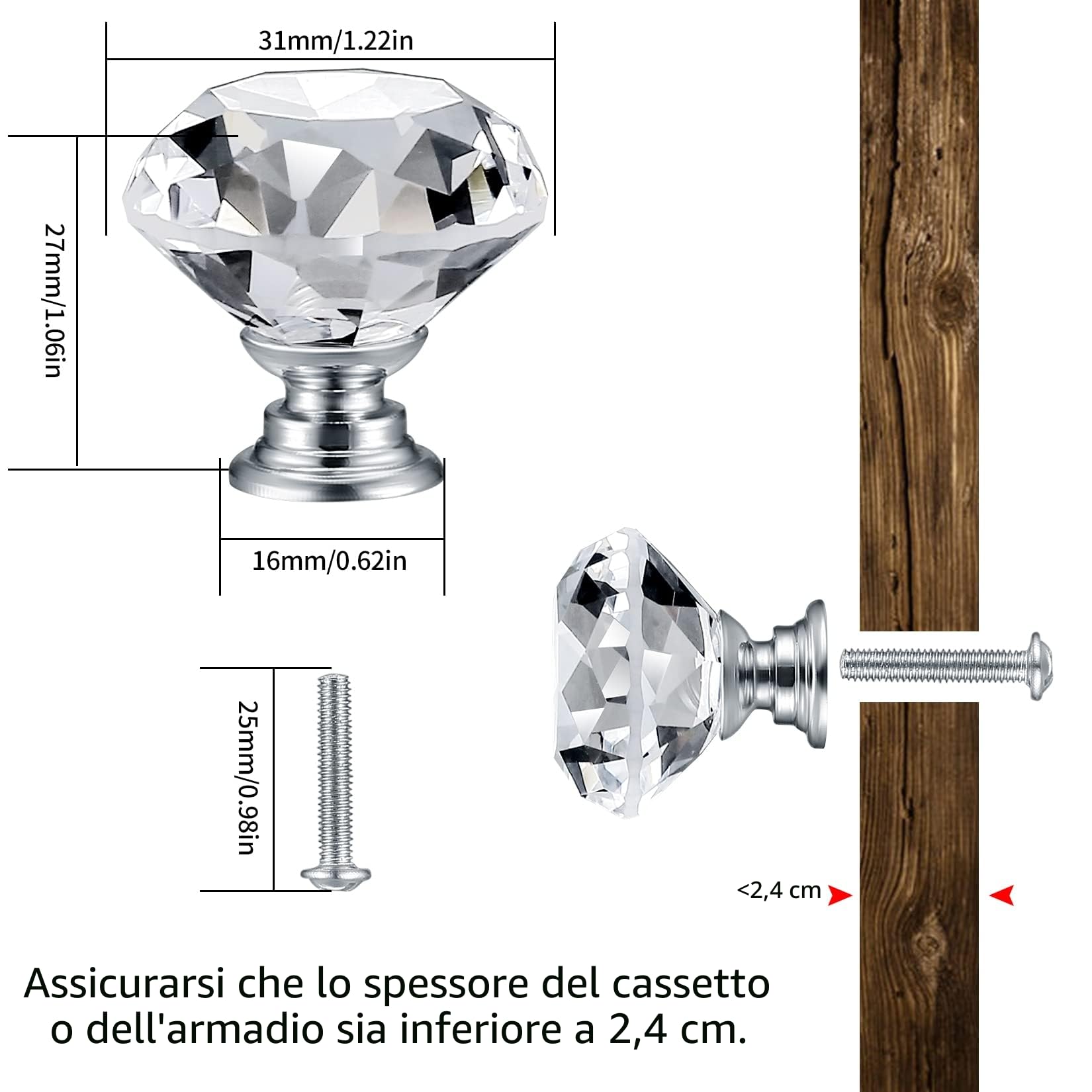 8 Pezzi Pomelli di Cristallo, Maniglie Trasparente per Mobili da Cucina, Cristalli Maniglia per Credenze, Mobile Bagno Cassettiera Armadio Ante Cucina Pomelli - 30mm