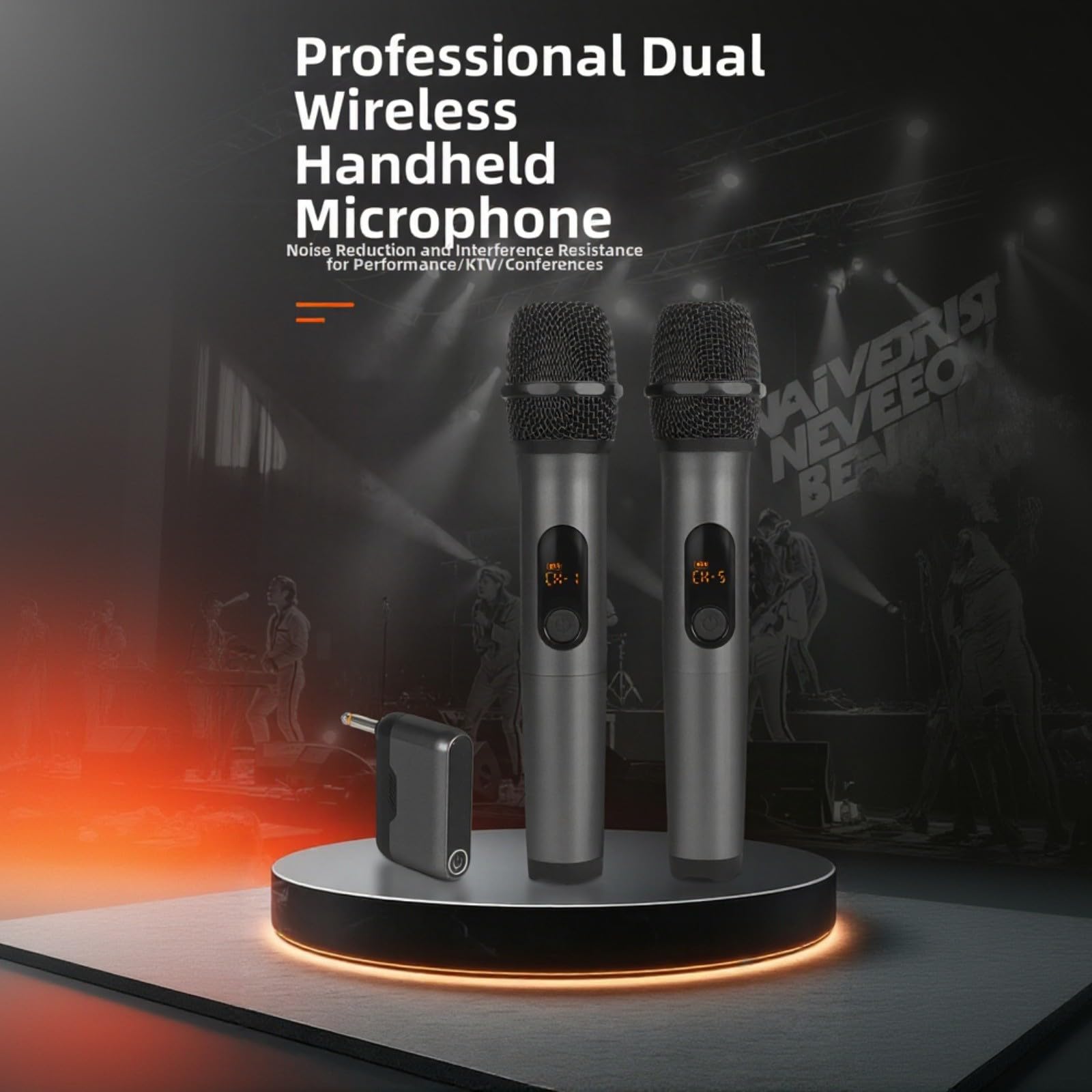 Microfono wireless a doppio canale, microfoni portatili UHF da 2,4 GHz con riduzione del rumore, ricevitore da 6,35 mm per karaoke, chiesa, eventi, nero