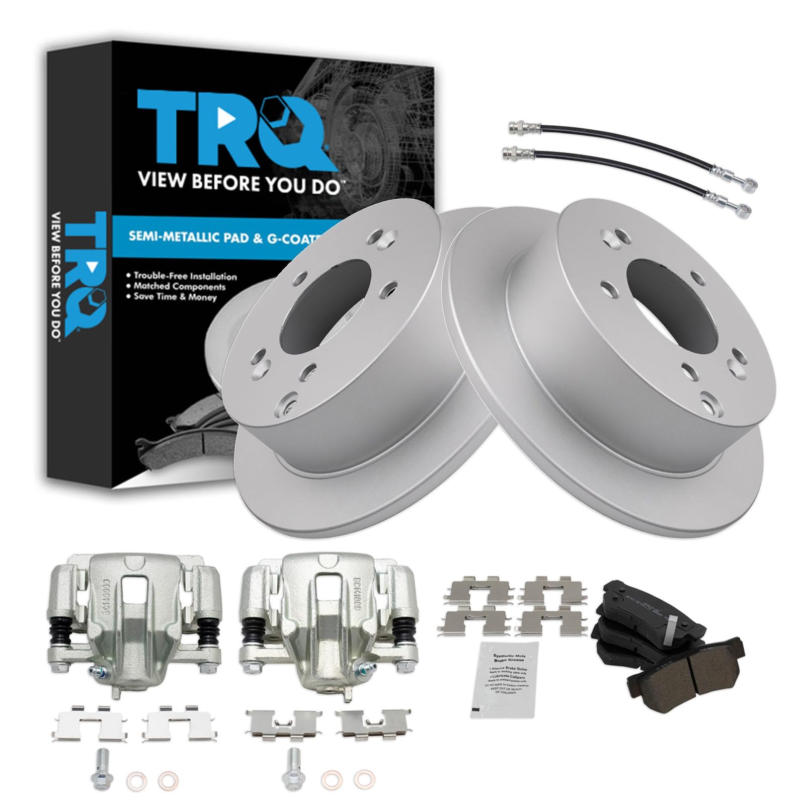 TRQ Rear Brake Pad and Rotor Set Semi Metallic G Coated Rotors Calipers Compatible with 2006-2007 Hyundai Sonata 2008 Sonata To 2 28 07 Production Date