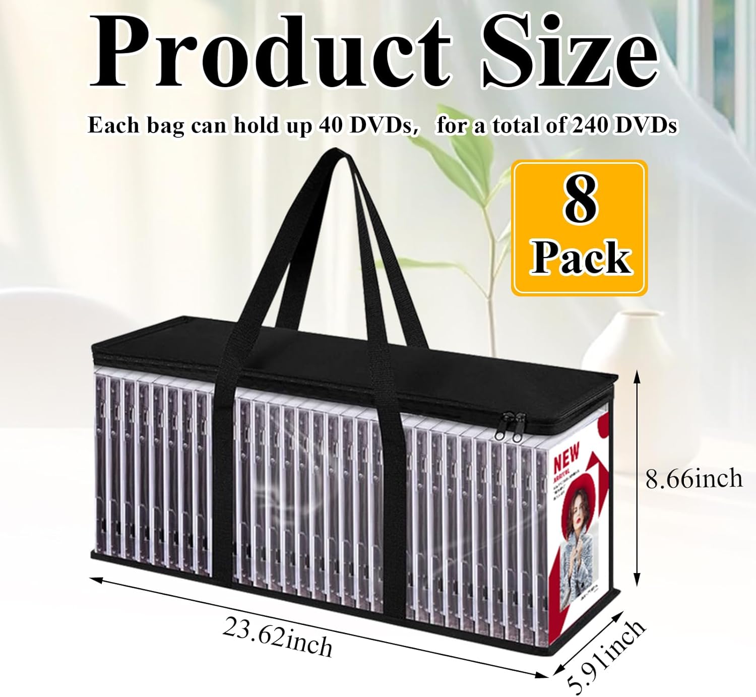 QTLCOHD 8 Pack DVD Storage Bags, Clear PVC DVD Case Holder with Handles, Front Window Zipper Design, Stackable Media Organizer for Blu Ray Disc, Movie Cases, VHS Box, CDs, Hold 320 Pcs DVDs (40 Each)