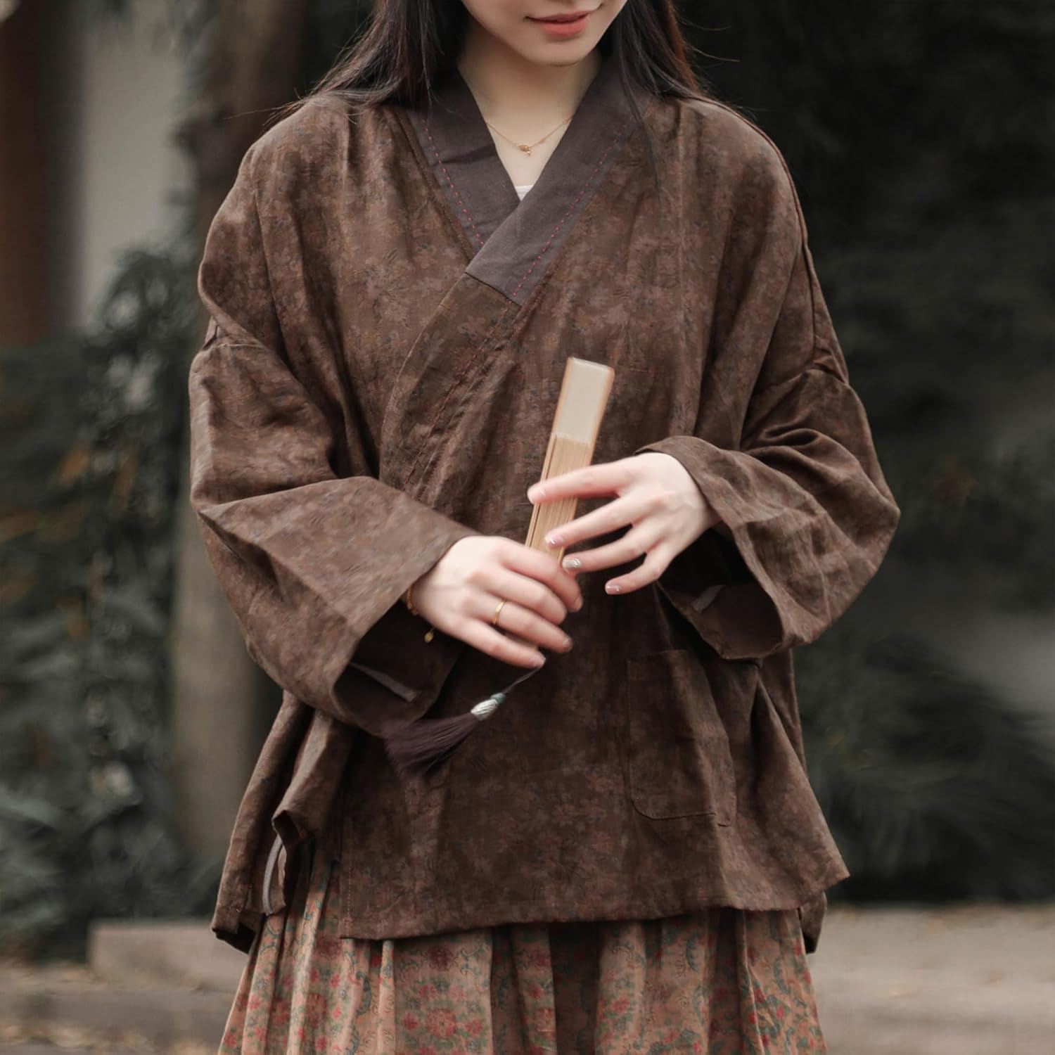 Women's Printed 100% linen Kimono Style Long Sleeve Loose Fit Jacket Cardigan with Tie Belt and Wrap Front Design - Image 4