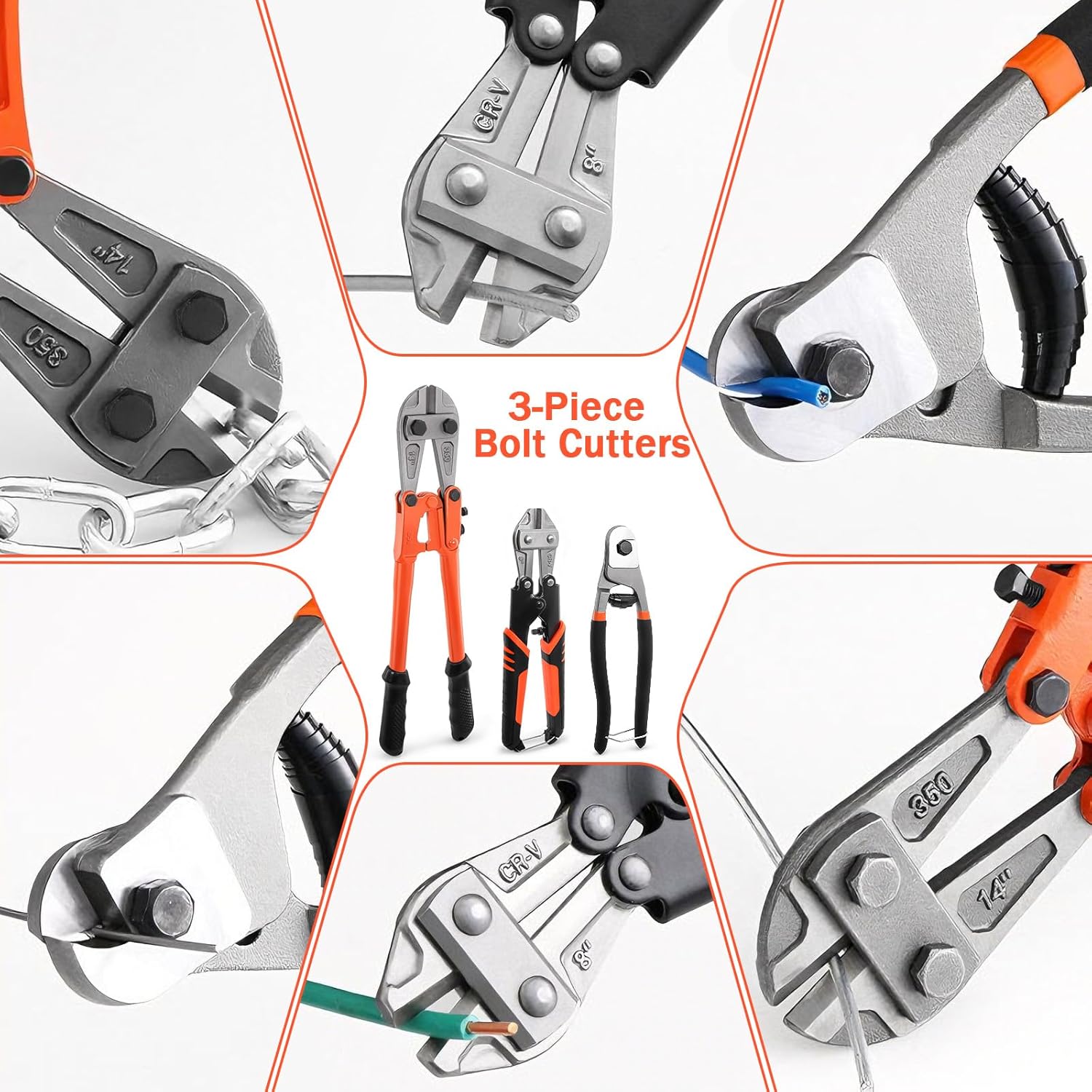 3Pcs Bolt Cutter Set with 14" Heavy Duty Bolt Cutter,8" Mini Bolt Cutter,8" Wire Rope Cutter & Storage Bag for Cutting Locks,Padlocks,Chains,Steel Cable,Barbed Wire,Iron Rod,Metal,Fence