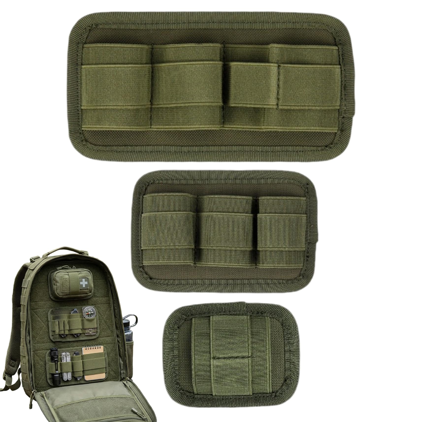 Monetais Army Green 3Pcs Backpack Organizer Insert Hunting Pouch Modular Hook & Loop Panel With Elastic Pouches For Edc Gear, Magazines, Tools, Backpack Organizer Insert