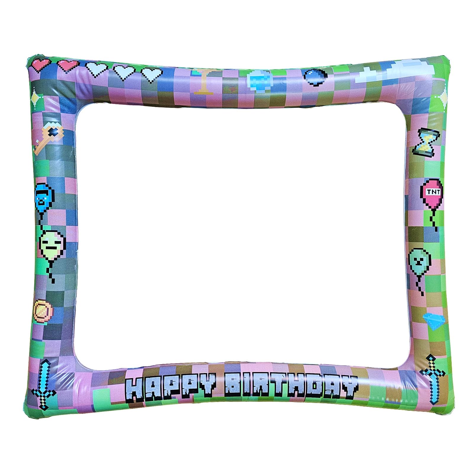 Yiiigoood Fun Pixel Game Happy Birthday Party Inflatable Selfie Photo Frame For Pictures & Decors Pixelated Mosaic Gamer Party Blow Up Picture Frame Pixel Miner Party Decorations