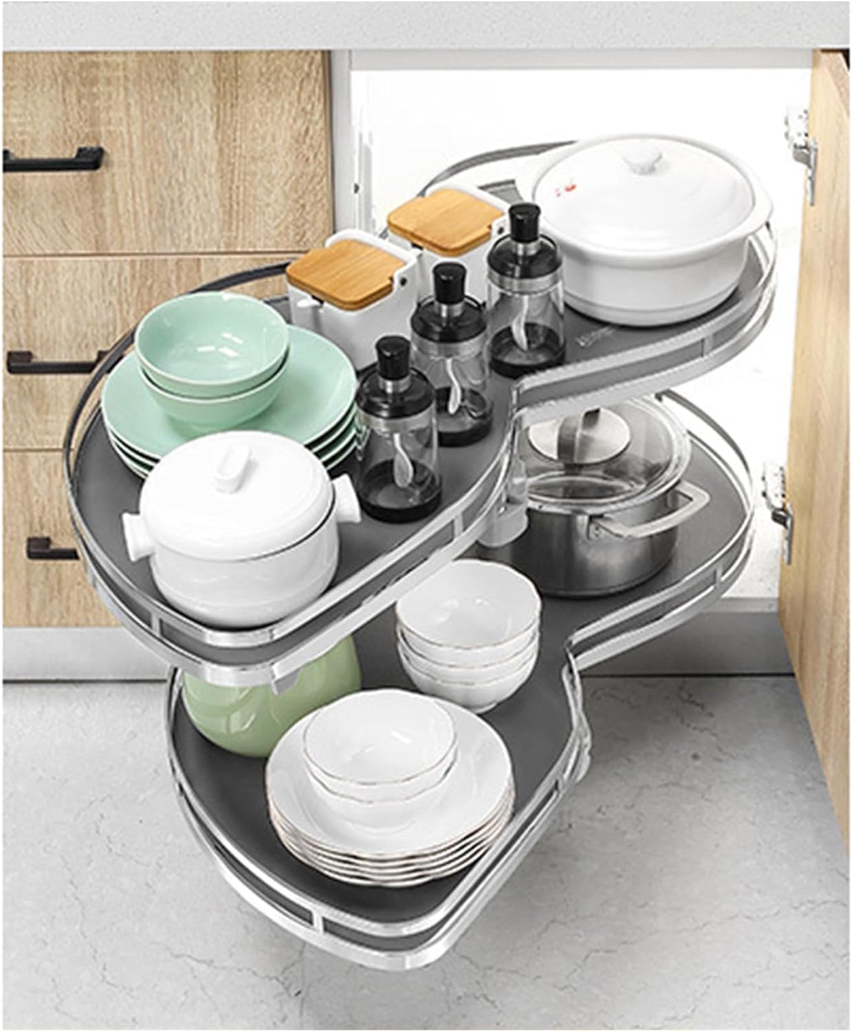 Kitchen Cabinet Blind Corner Pullout Organizer, Pull Out Cabinet Organiser 2 Tier Kitchen Cabinet Cupboard, Pull-Out Shelving Unit Flying Saucer Pull Basket 900 mm, Grey(Pull Left (Open Right)-900mm)