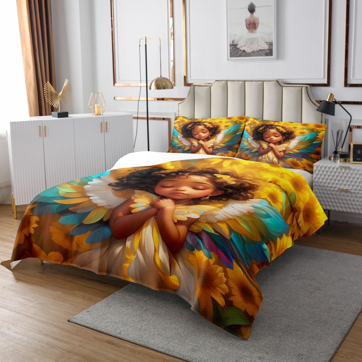 Kawaii Girl Bedspread Queen Size Dreamy Angel Fairy Tale Coverlet Set Kids Room Present Natural Sunflower Bedroom Decor Bedding Set American Style Cute Girly Bedding with 2 Pillowcases