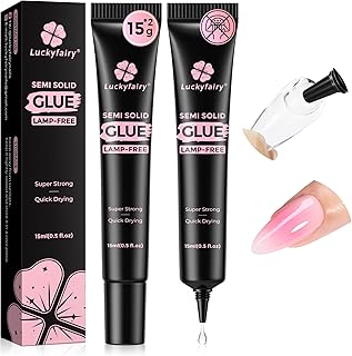 Luckyfairy Super Strong Nail Glue for Press Ons 15g (2pcs) : 4-in-1 Quick Air Dry, No Lamp Needed, Long Lasting, Semi Solid Soft Gel Nail Glue for Acrylic Nails Tips