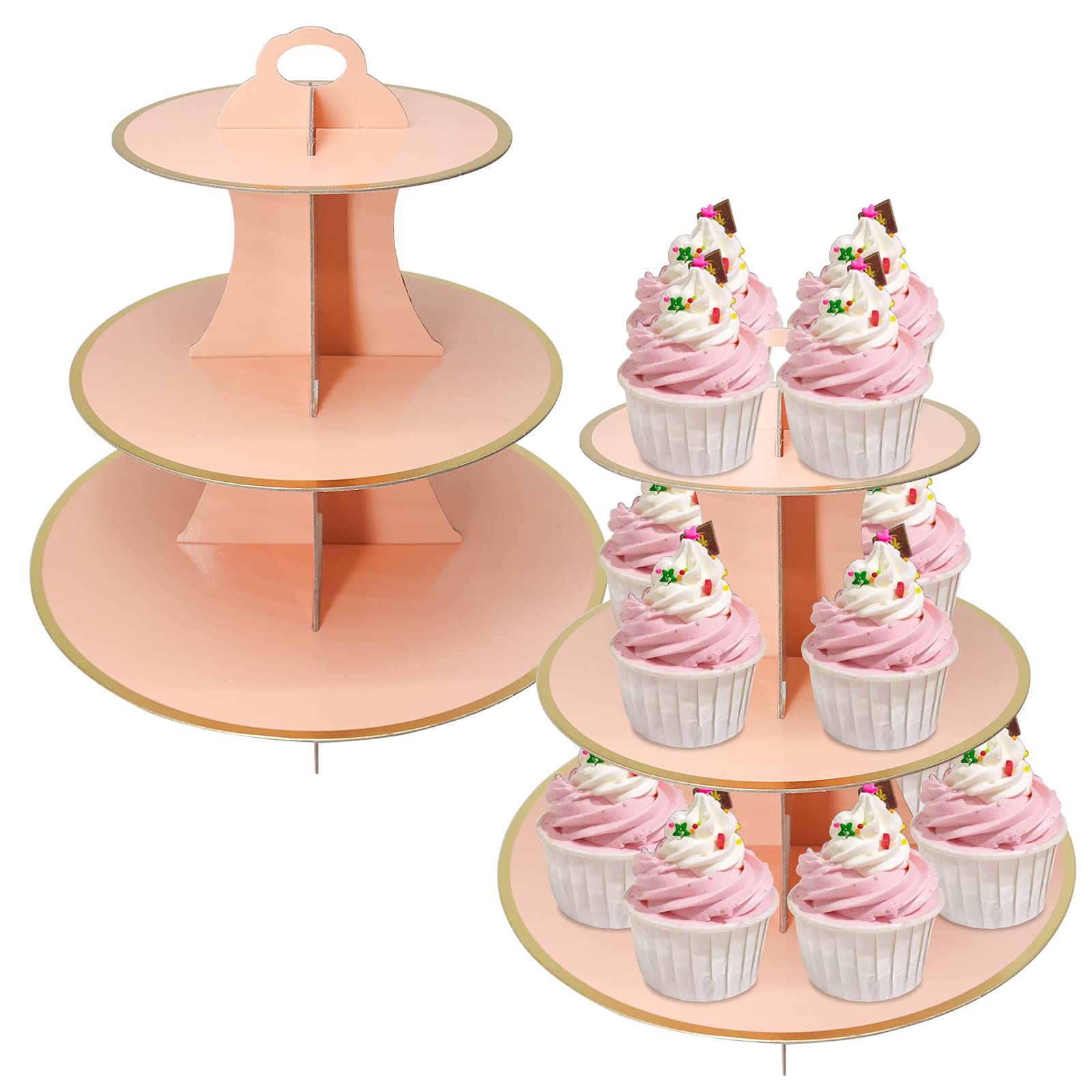 2 Pcs 3-Tier Cupcake Holder Cardboard Cupcake Stand for Brithday Wedding Party (Pink)