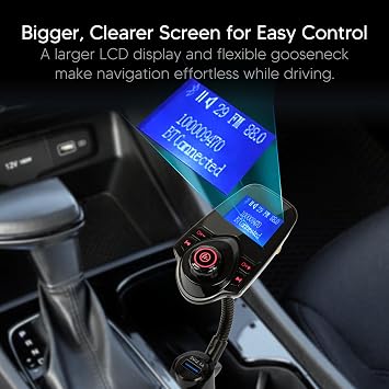 Bluetooth FM Transmitter, Car Adapter, Dual USB Fast Charging, AUX/Micro SD | Bluetooth 5.0, 1.44 LCD Screen, Flexible Gooseneck, Hands-Free Calls, Cigarette Lighter Plug, Fits Cars, Suvs & Trucks, BLK