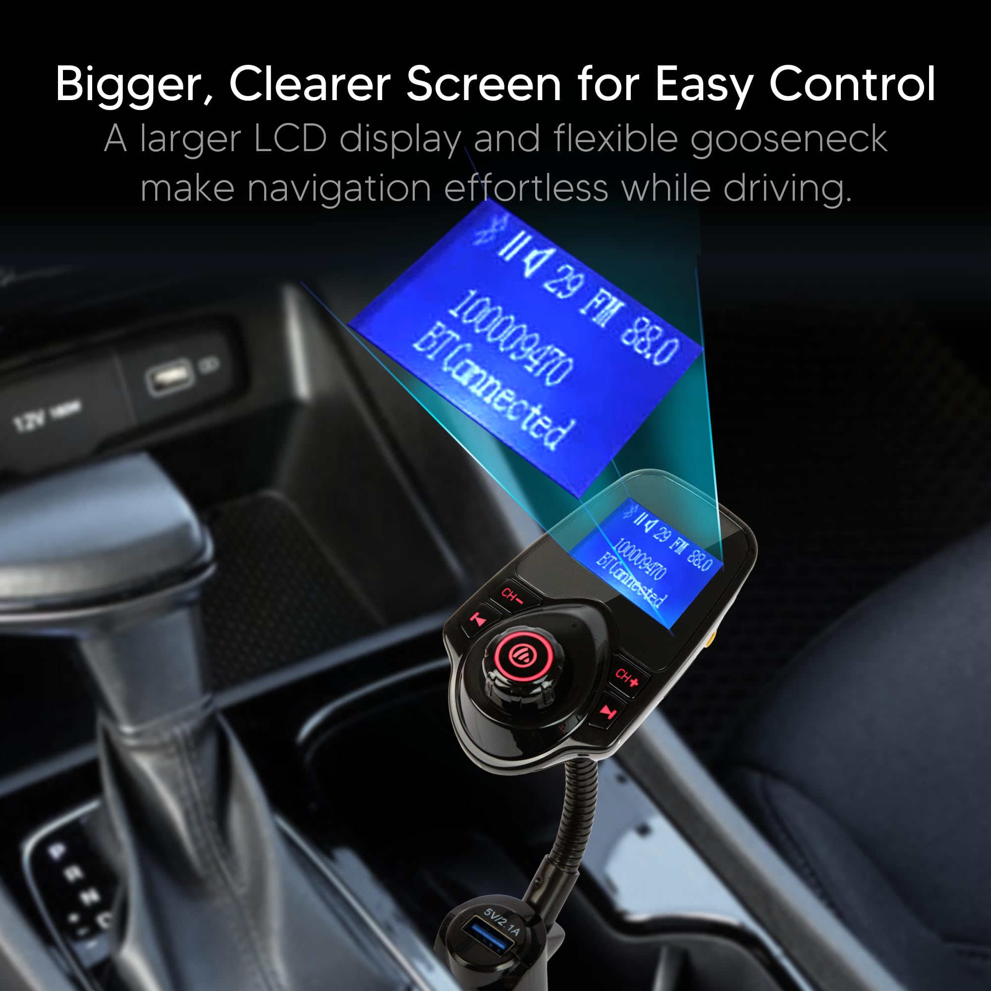 ONN Upgraded 2025 Auto Bluetooth FM Transmitter - 1,44 Zoll Display, Flexibler Schwanenhals, Freisprecheinrichtung, Wireless Music Player, Radio Adapter, USB Ladegerät, Micro SD Karte & AUX
