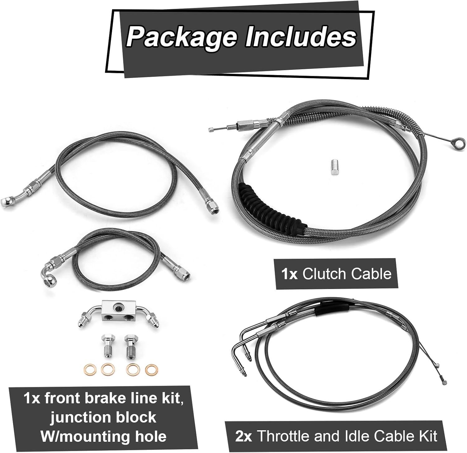 Mofun ABS Upper Hydraulic Front Brake Line & Throttle and Idle Cable Kit & Clutch Cable Compatible with Harley Dyna Street Bob Switchback Wide Glide 2012-2017, Fit 12"-14" Handlebar, Black