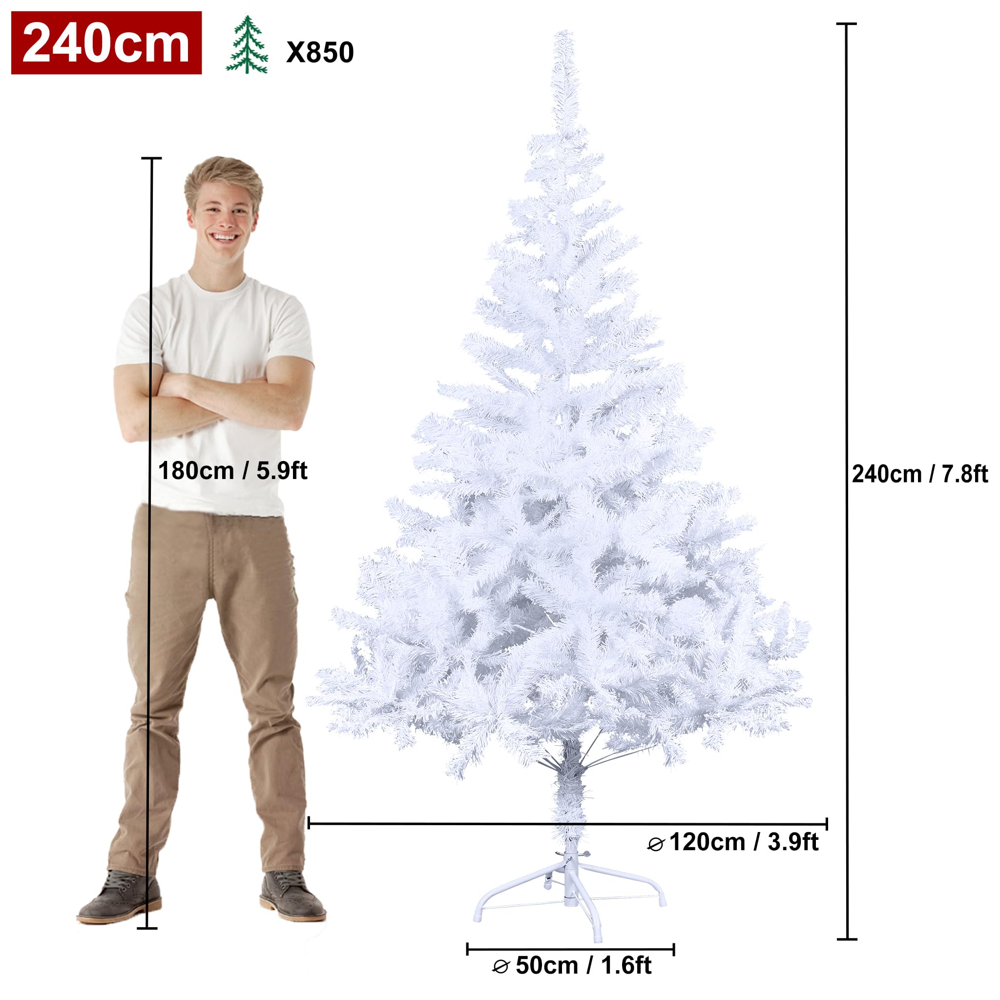 HENGMEI - Sapin de Noël en PVC vert, sapin de Noël avec support en métal, env. 100 branches Lena, décoration de Noël, PVC blanc., 240cm