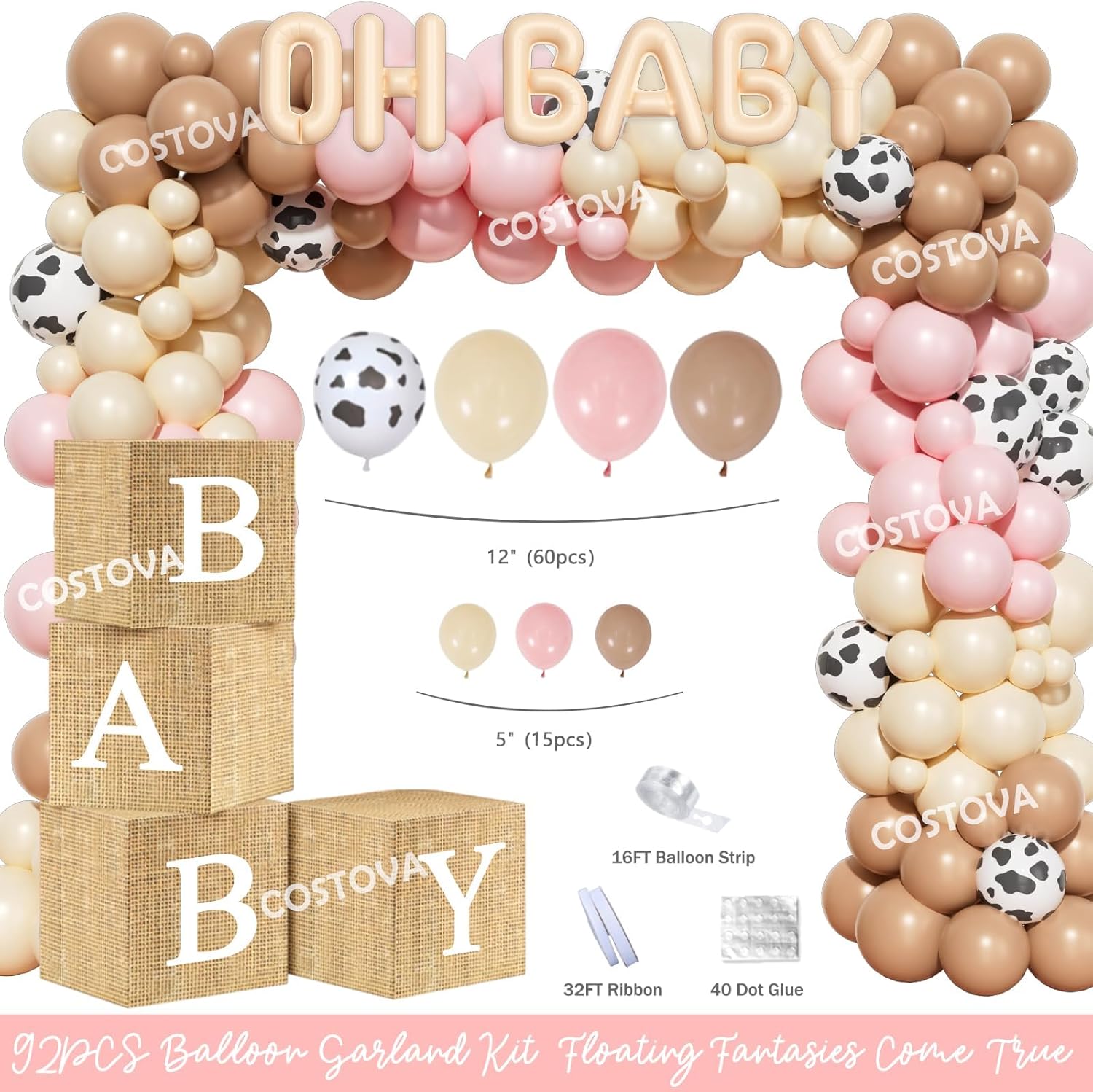 Costova Cowgirl Baby Shower Decorations - 108PCs A Little Cowgirl is On The Way Party Supplies with Backdrop, Balloon, Tablecloth, Sash and Badge for Western Wild West Rodeo Girl