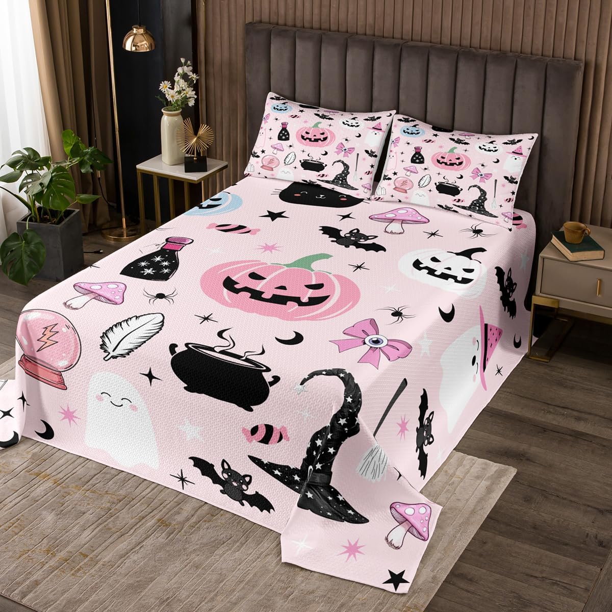 Erosebridal White Cartoon Ghost Quilt Set Queen Halloween Theme Ghost Bedspread Boho Floral Plants Coverlet Set for Kids Adults,Galaxy Starry Black Bedding Quilted