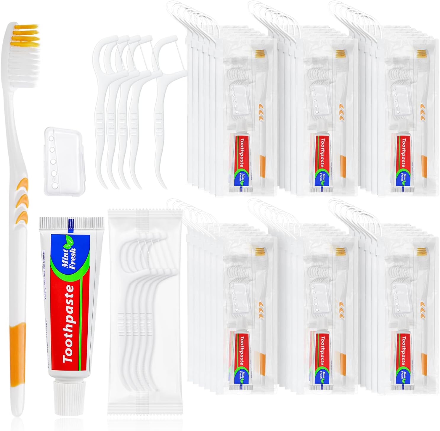 Disposable Toothbrushes with Toothpaste Set - Pack of 50,Individually Wrapped Personal Hygiene Kits in Bulk 5-in-1 Travel Size Convenience Kits for Hotel,Camping,Guest,Homeless,Charity,Church