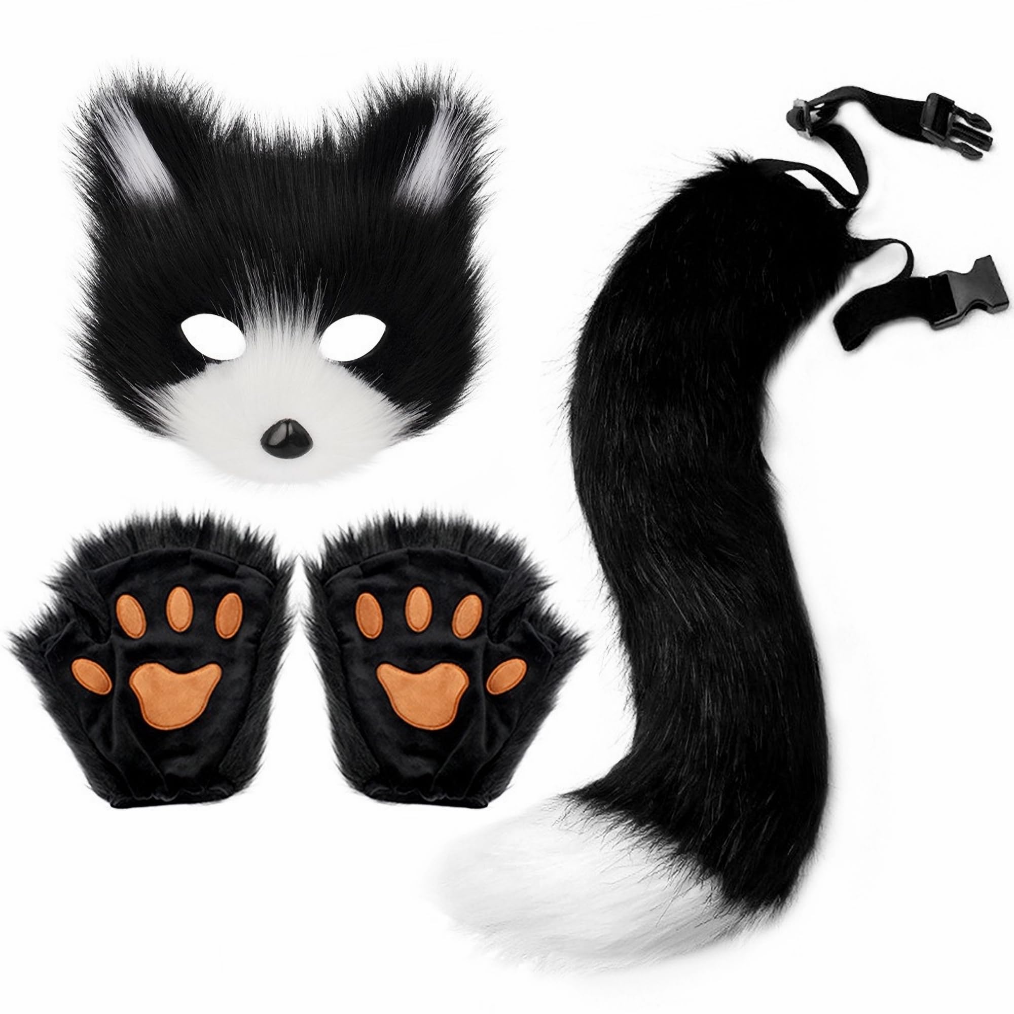 Therian Mask Tail Gloves Paw Set Animal Gear Cat Fox Wolf Masks Dress Up Cosplay Party Women Furry Faux Fur Fingerless (Black White Mask)
