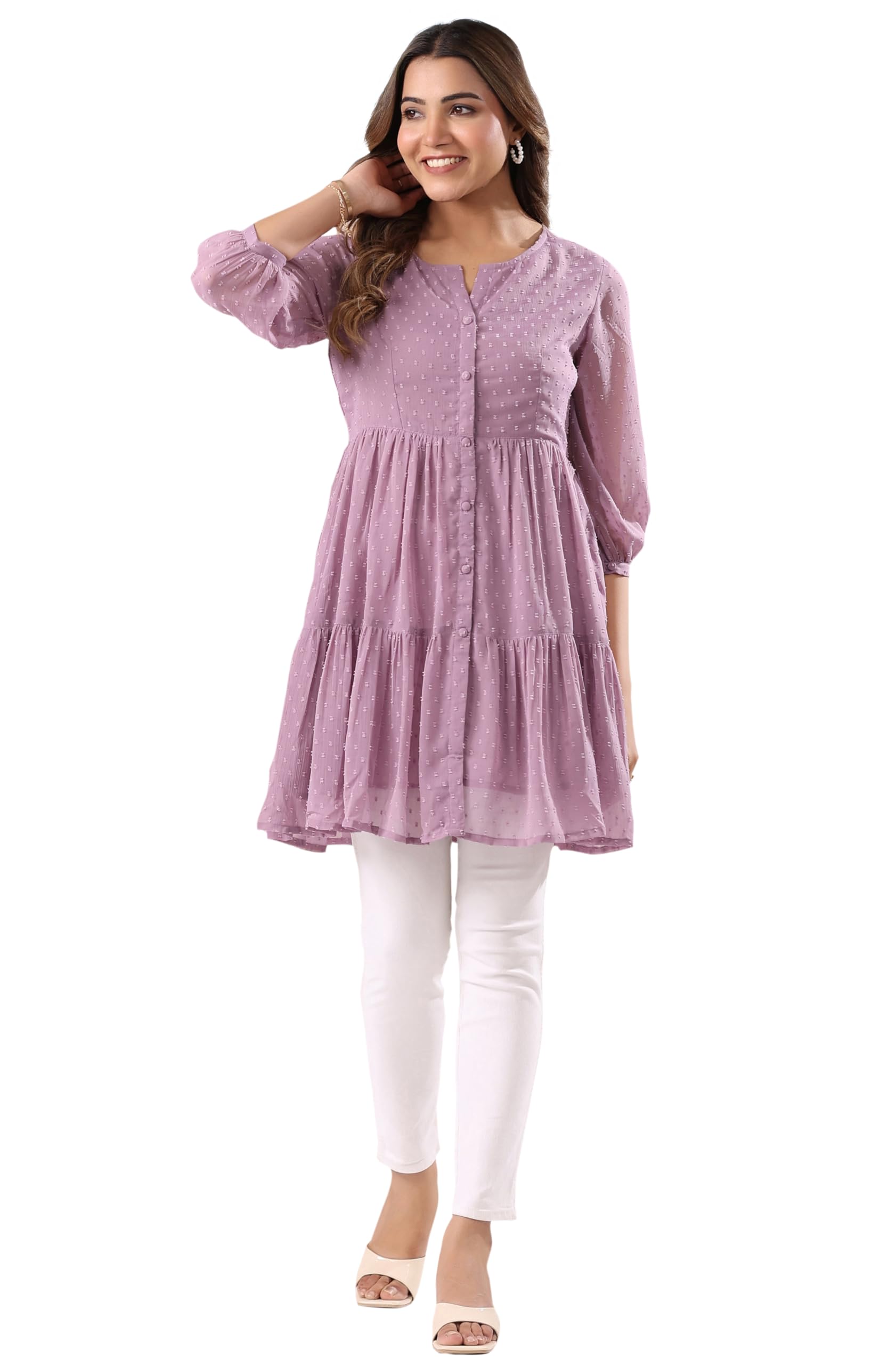 janasya Women's Lavender Dobby Chiffon Self Design Tiered Tunic-picture-17