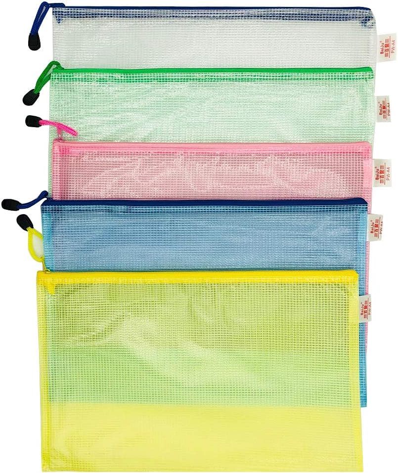 Afeel File Folders with Zipper A4 Paper,B4 Paper 5Pcs, Mesh Document Bag Business Receipt Organizer (B4(14.9"x11"))