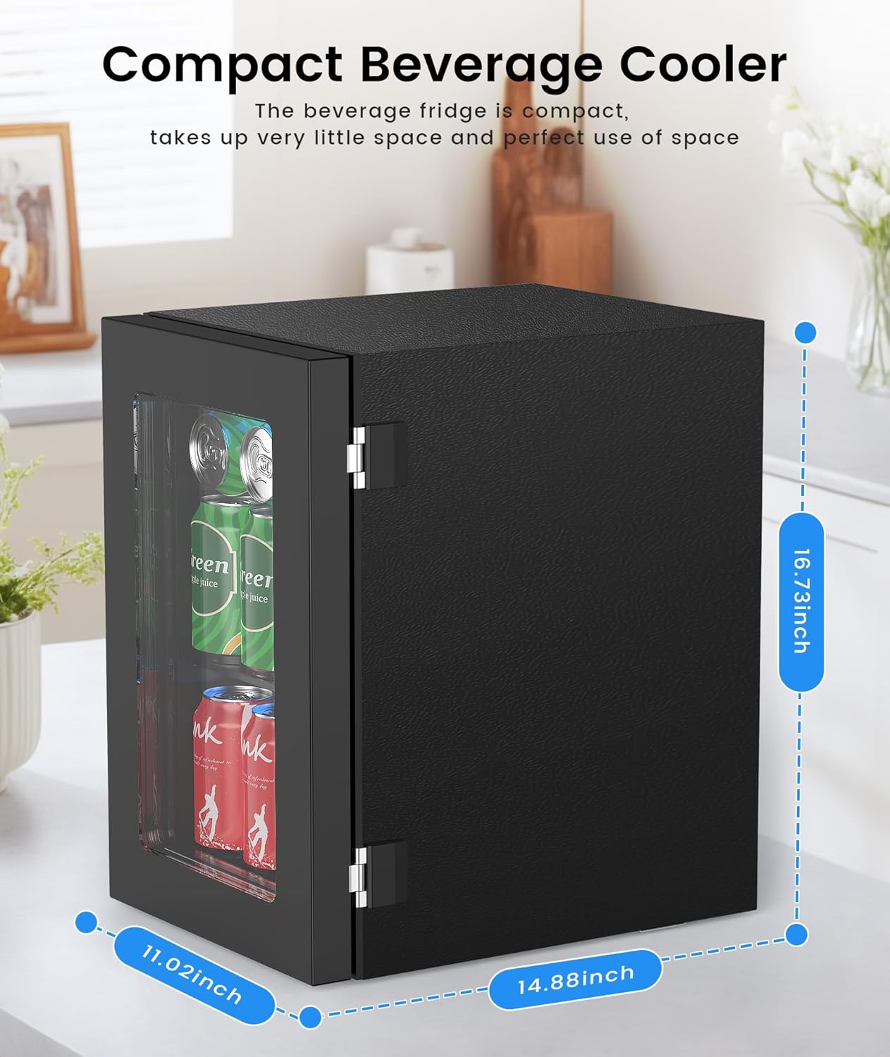 Dimensions of the Kismile 18L Beverage Refrigerator Cooler: 14.88 inches deep, 11.02 inches wide, 16.73 inches high.