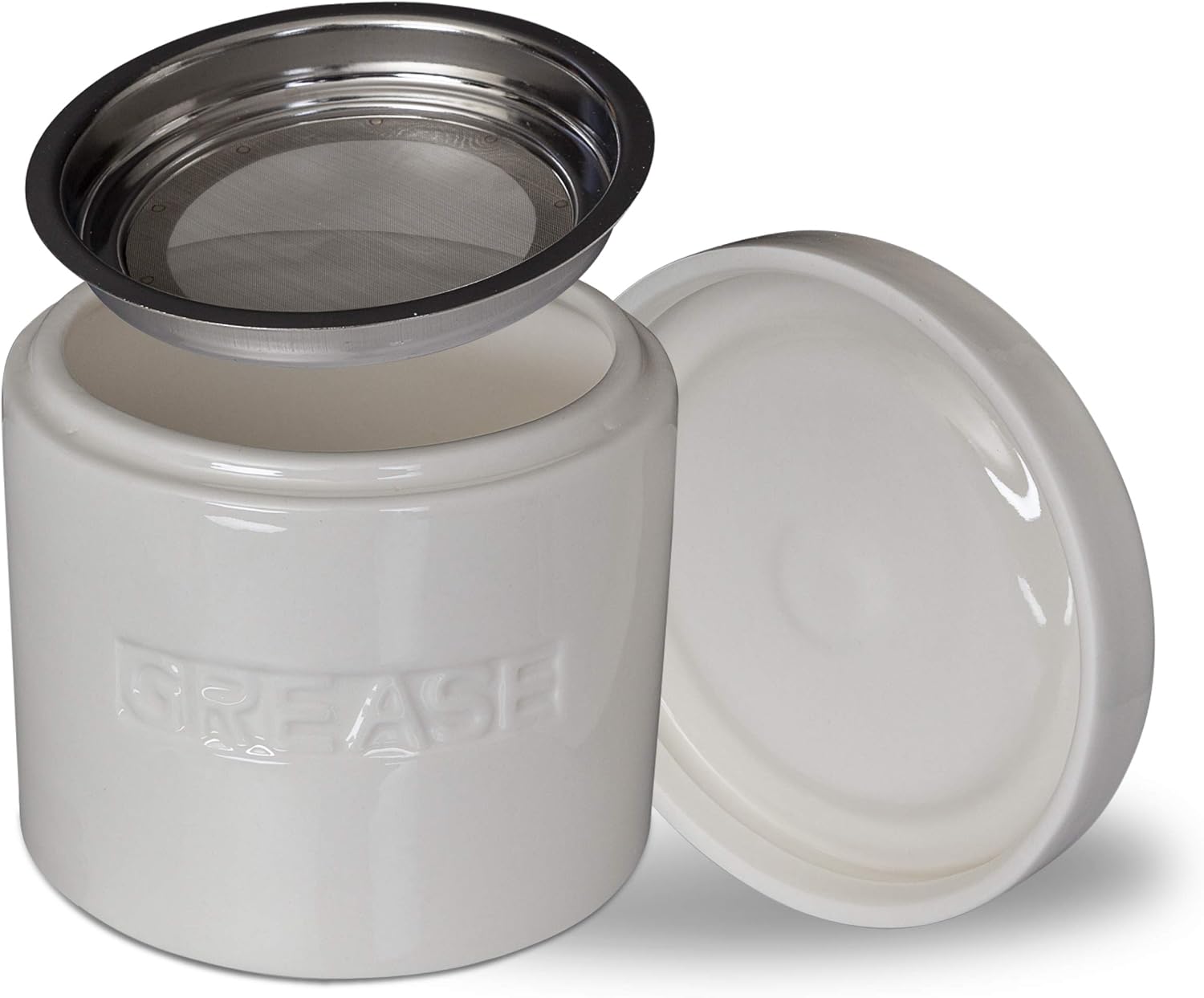 Ceramic Grease Container Keeper with Metal Stainless Steel Strainer and Lip for Easy Pour (Ivory) image 5