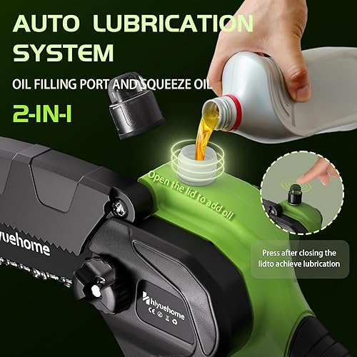 Miniatura 5 de hiyuehome Mini motosierra de 6 pulgadas, motosierra inalámbrica con engrasador automático, sierra de cadena eléctrica de mano con bloqueo de