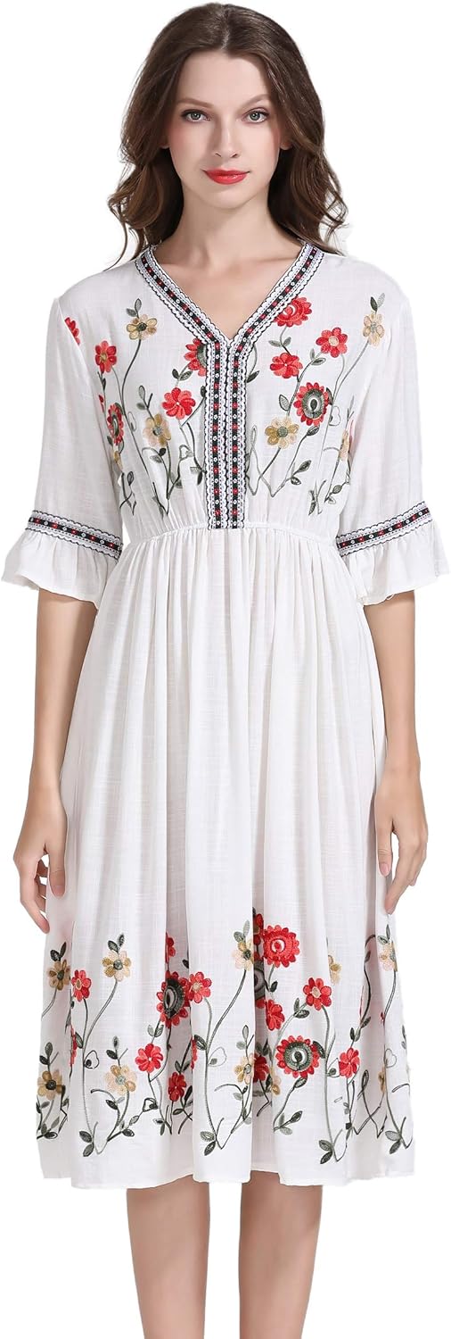 Shineflow Women's Short Sleeve Mexican Embroidered Floral Pleated Midi A-line Cocktail Dress