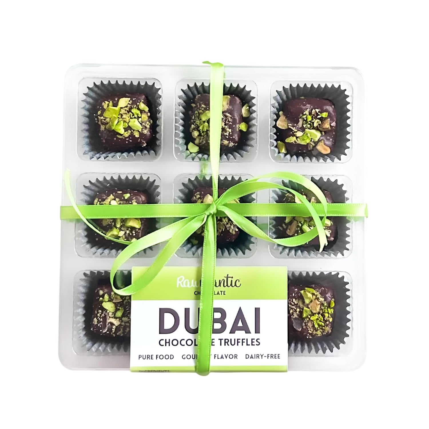 Rawmantic Dubai Chocolate Truffle (9 Mini Bites x 14g) – Blend of Raw Dairy-Free Dark Chocolate, Kataifi, Tahini, Pistachios & More, No Artificial Flavors, Non-GMO & Kosher, Guilt-Free Snacks