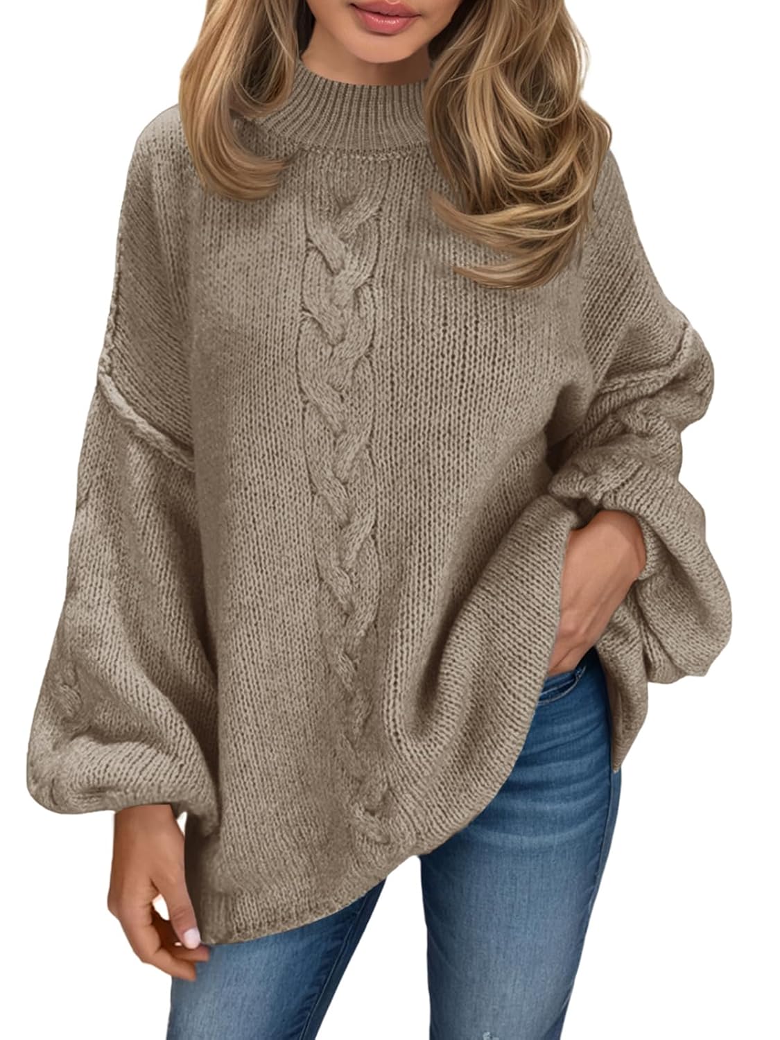 Saodimallsu Womens Oversized Cable Knit Sweater Chunky Mock Neck Long Lantern Sleeve Fall Trendy Tunic Sweaters Top