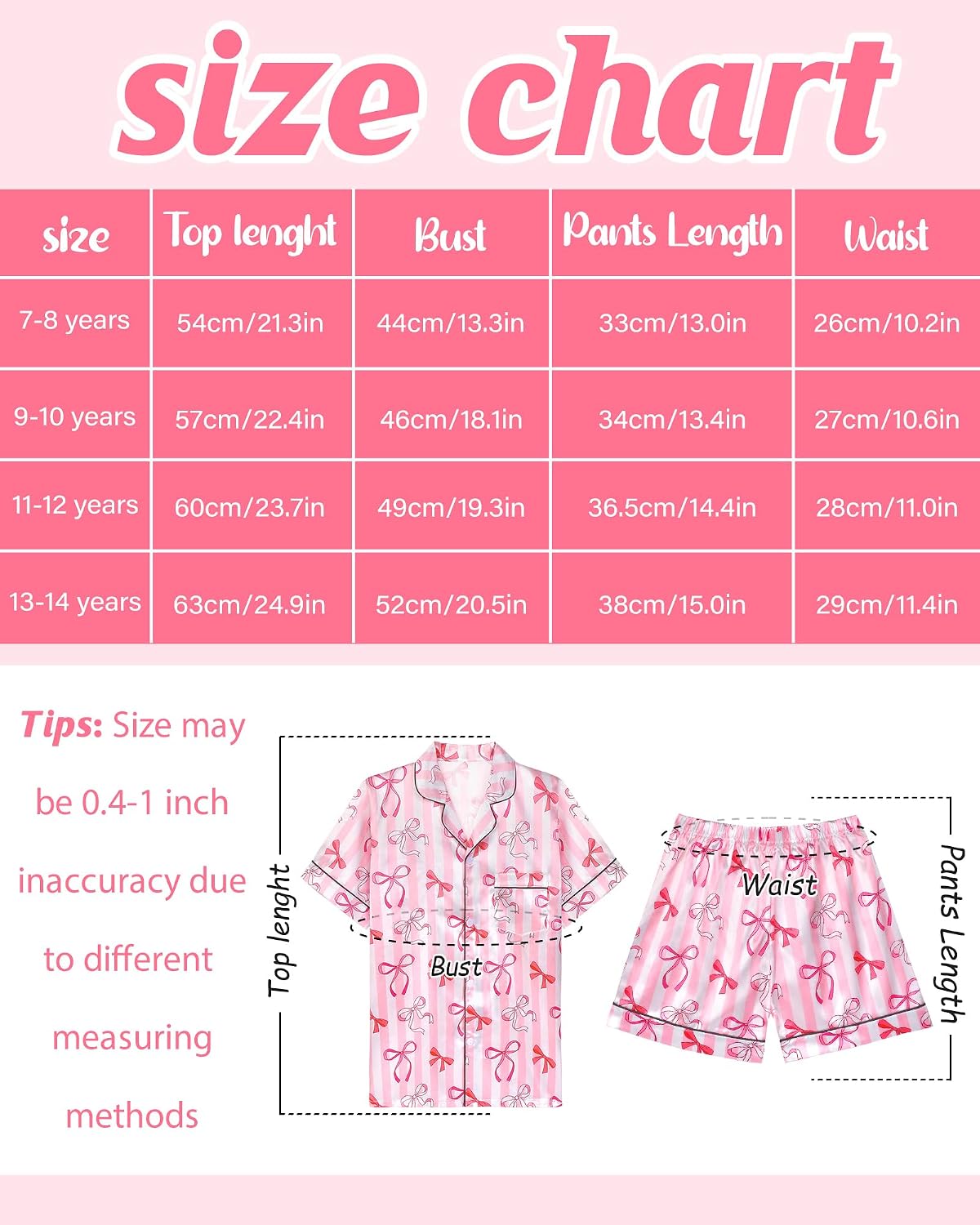 Girls Pajamas Satin Pajama Set Silk Pjs Short Sleeve Button Down Summer Bow Sleepwear for Big Kids 7-14Y