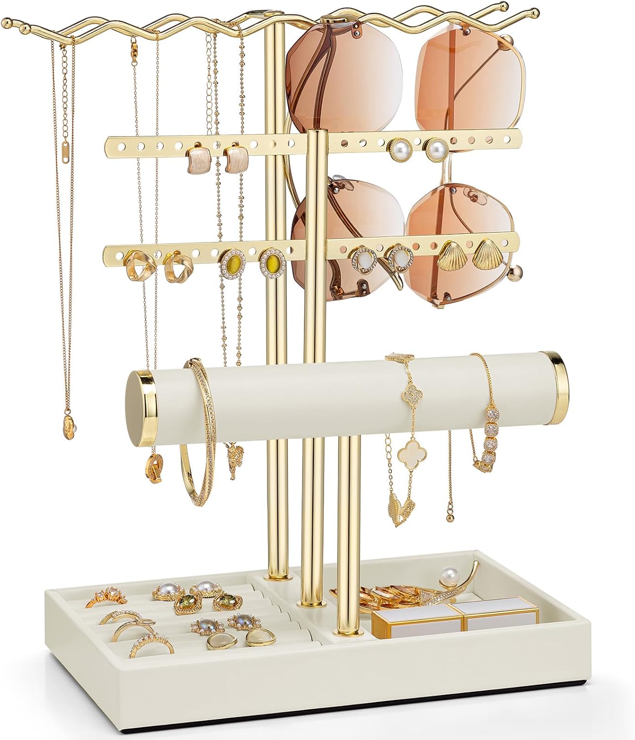 VLANDO 3 Tier Jewelry Organizer, Necklace Sunglasses Bracelet Holder, Beige