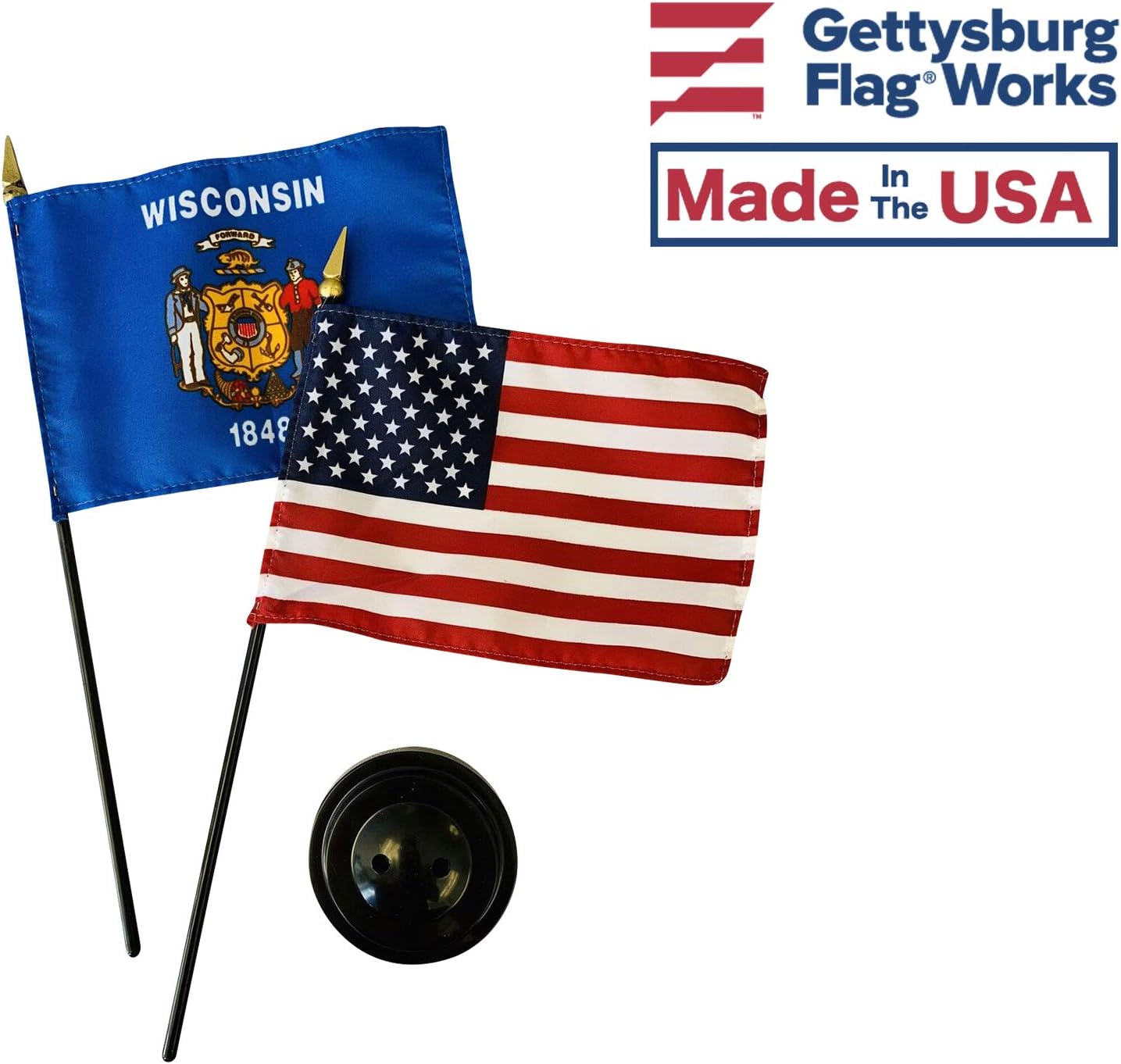 Set of 3 4x6" E-Gloss Wisconsin Stick Flag w/U.S. Stick Flag & 2 Flag Plastic Table Base - Made in the USA