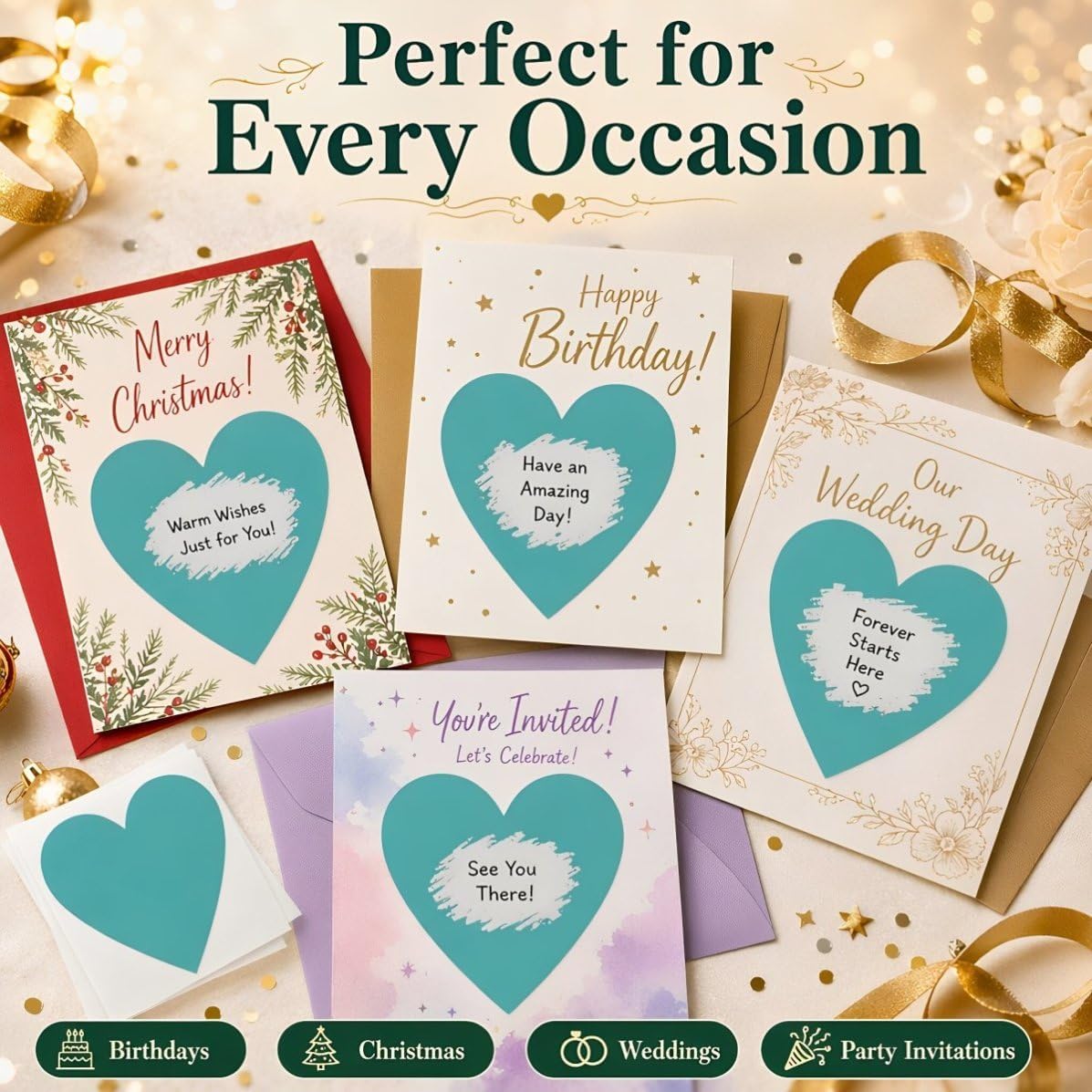 Xmas Scratch Off Cards Green Heart Self Adhesive 100pcs