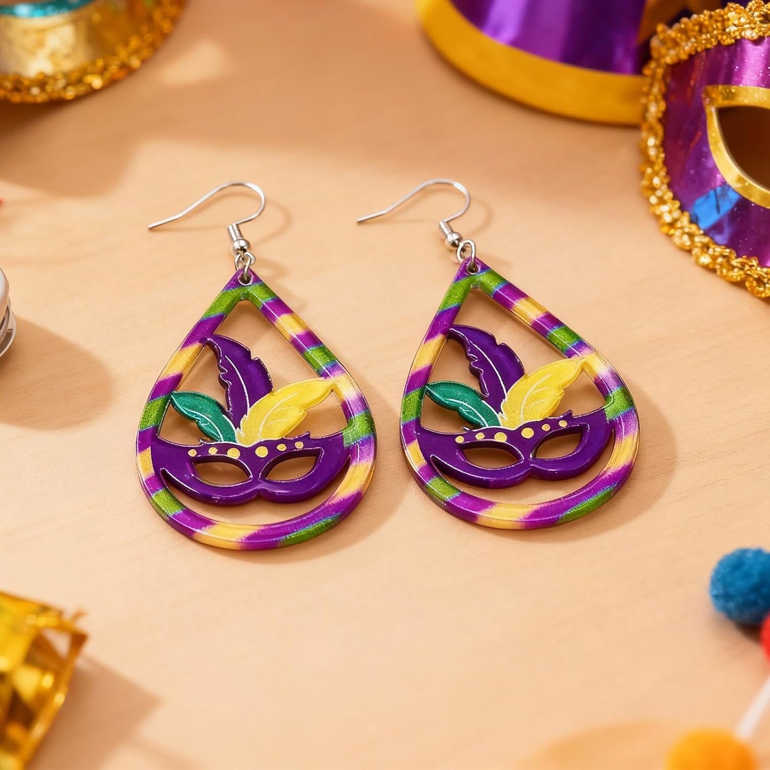 Mardi Gras Earrings Mardi Gras Outfit Shirts for Women Acrylic Carnival Dangle Earrings Jewelry Mardi Gras Accessories for Women - Image 7
