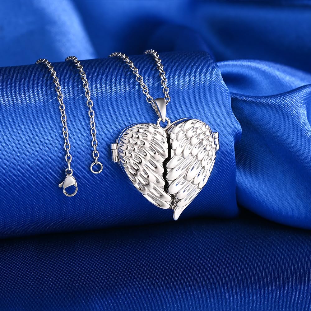 Damen 925 Silber Herz Halskette Medaillon, Engelsflügel Foto Anhänger Ketten, Persönlicher Schmuck für Frauen Mutter Freundin